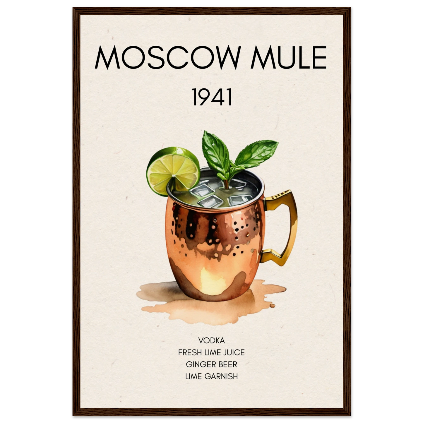 Moscow Mule Cocktail Bar Poster Print Dark Brown Wood Frame 40x60 cm 16x24″ Museum-Quality Matte Paper Wooden Framed Poster