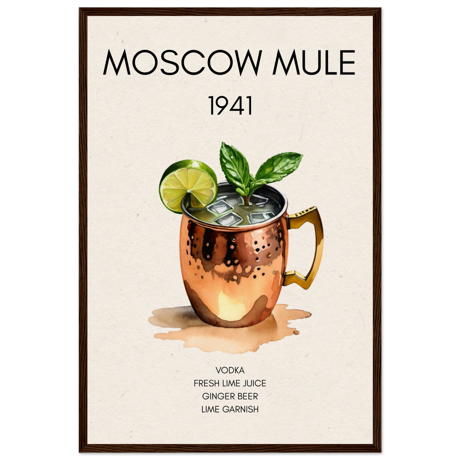 Moscow Mule Cocktail Bar Poster Print Dark Brown Wood Frame 40x60 cm 16x24″ Museum-Quality Matte Paper Wooden Framed Poster