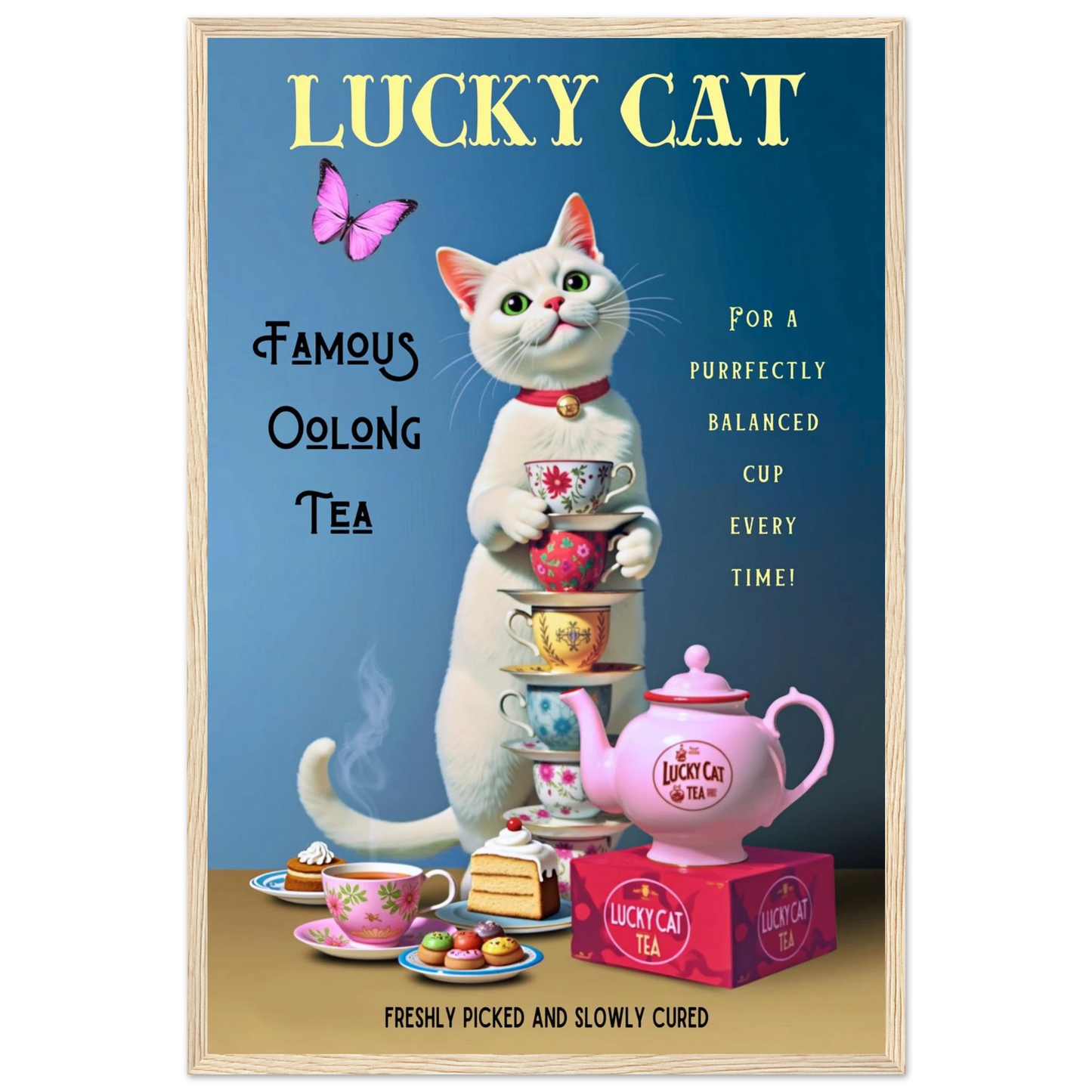 White Lucky Cat Tea Vintage Fine Art Print Light Wood Frame 40x60 cm 16x24″ Premium Matte Paper Wooden Framed Poster
