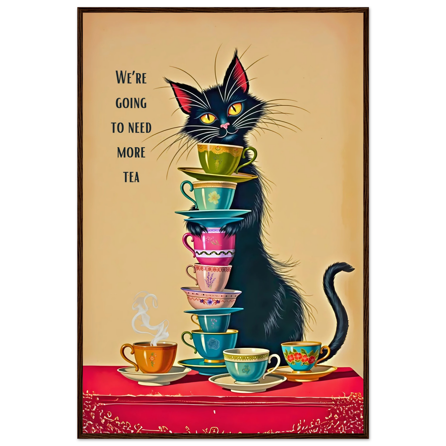 Quirky Cat Funny Tea Art Print 60x90 cm 24x36″ Classic Matte Paper Wooden Framed Poster Dark Brown Wood Frame