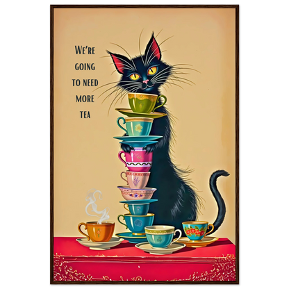 Quirky Cat Funny Tea Art Print 60x90 cm 24x36″ Classic Matte Paper Wooden Framed Poster Dark Brown Wood Frame
