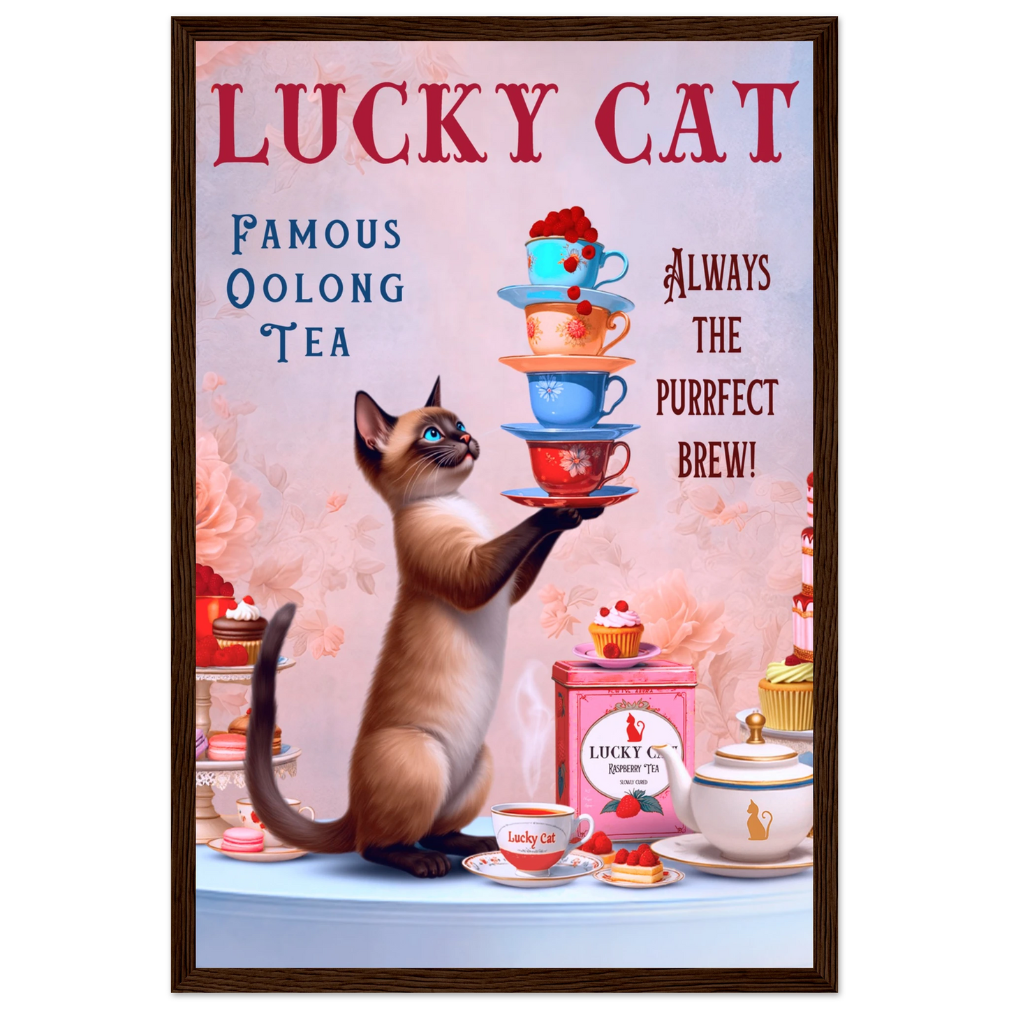 Siamese Lucky Cat Vintage Tea Art Print 30x45 cm 12x18″ Classic Matte Paper Wooden Framed Poster Dark Brown Wood Frame