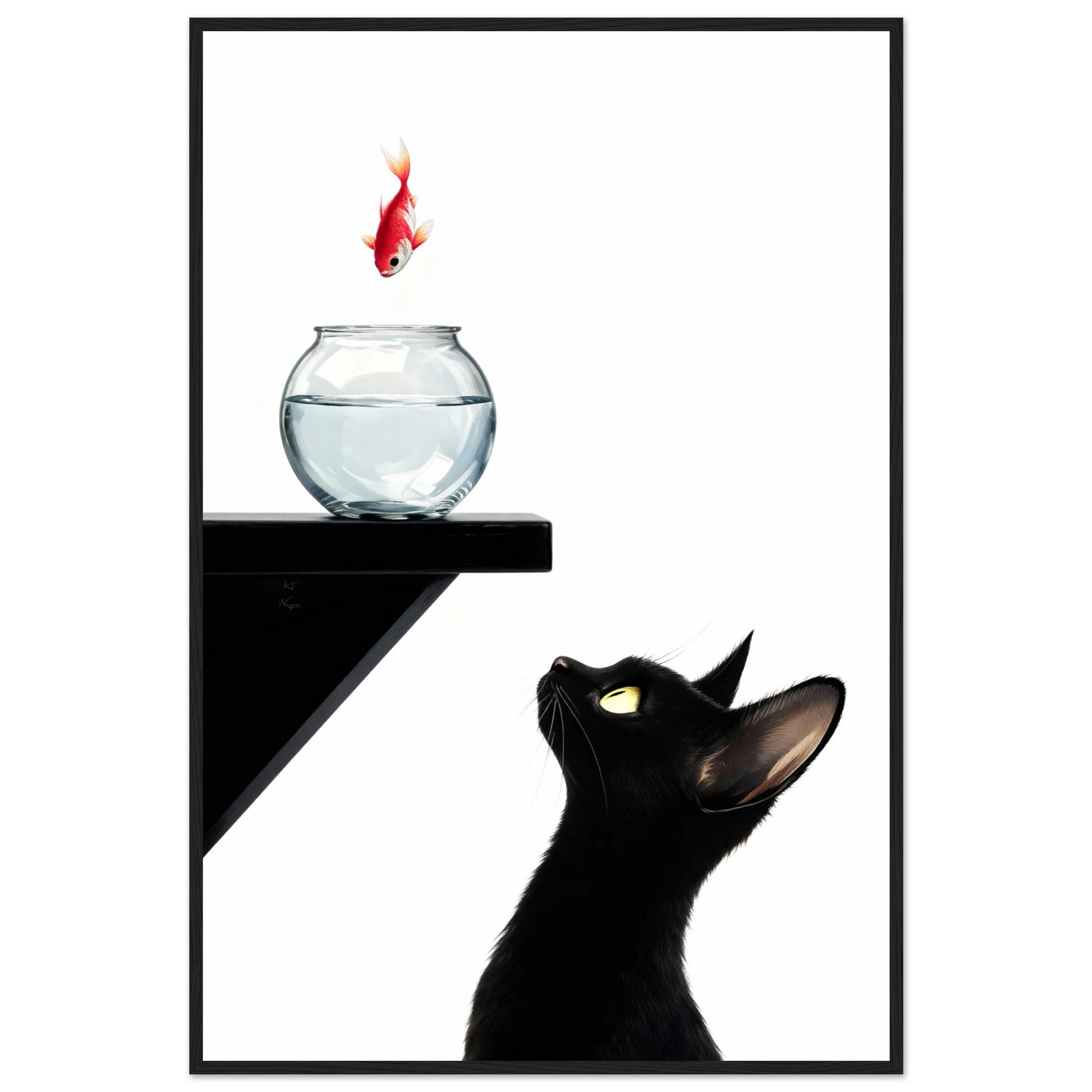 Curious Black Cat Goldfish Minimalist Art Print 60x90 cm 24x36″ Premium Matte Framed Poster - Black Wood