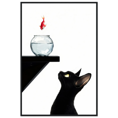 Curious Black Cat Goldfish Minimalist Art Print 60x90 cm 24x36″ Premium Matte Framed Poster - Black Wood