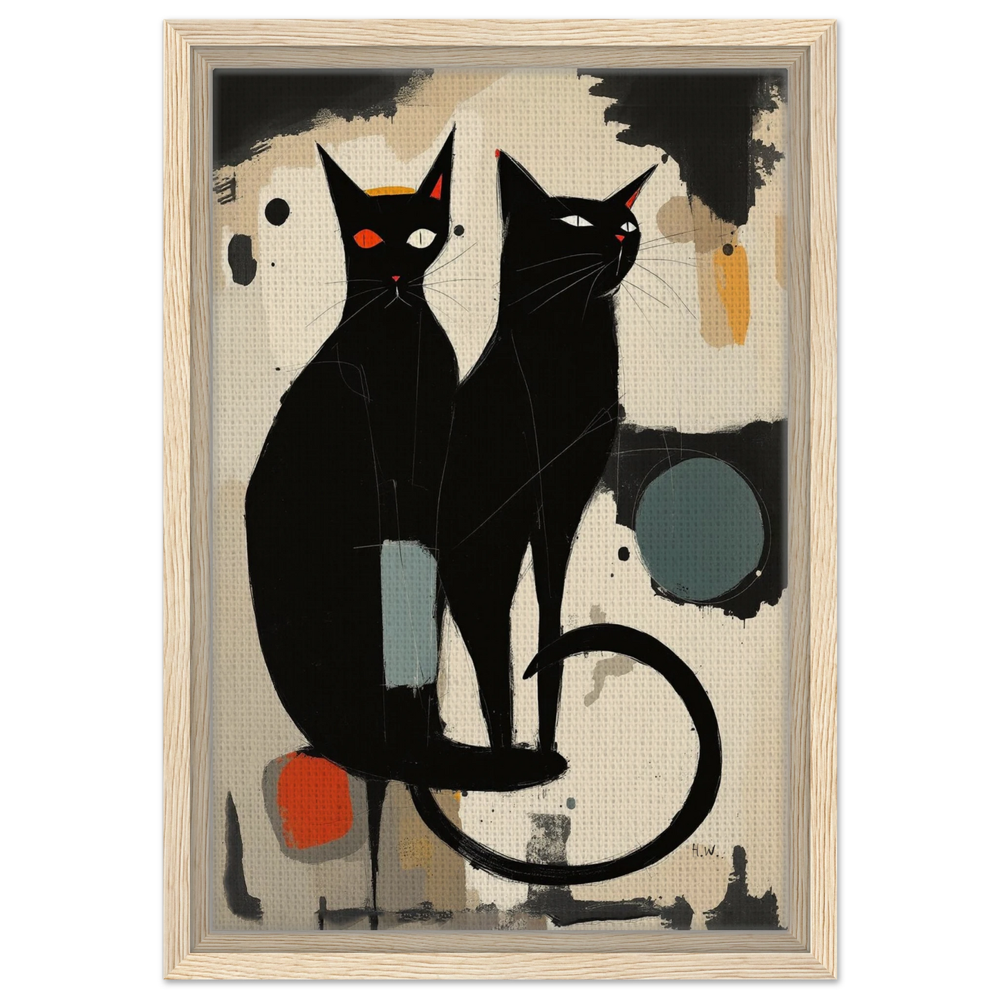 Abstract Crazy Cat Duo Art Print Light Wood Frame 30x45 cm 12x18″ Framed Canvas