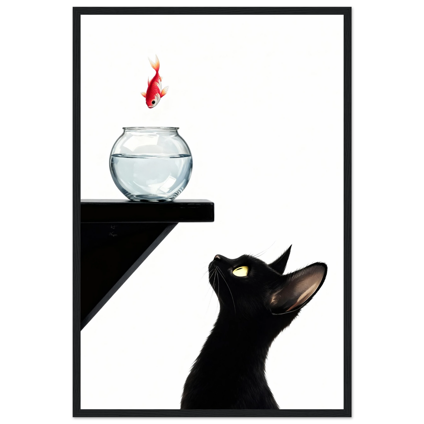Curious Black Cat Goldfish Minimalist Art Print 40x60 cm 16x24″ Premium Matte Framed Poster - Black Wood