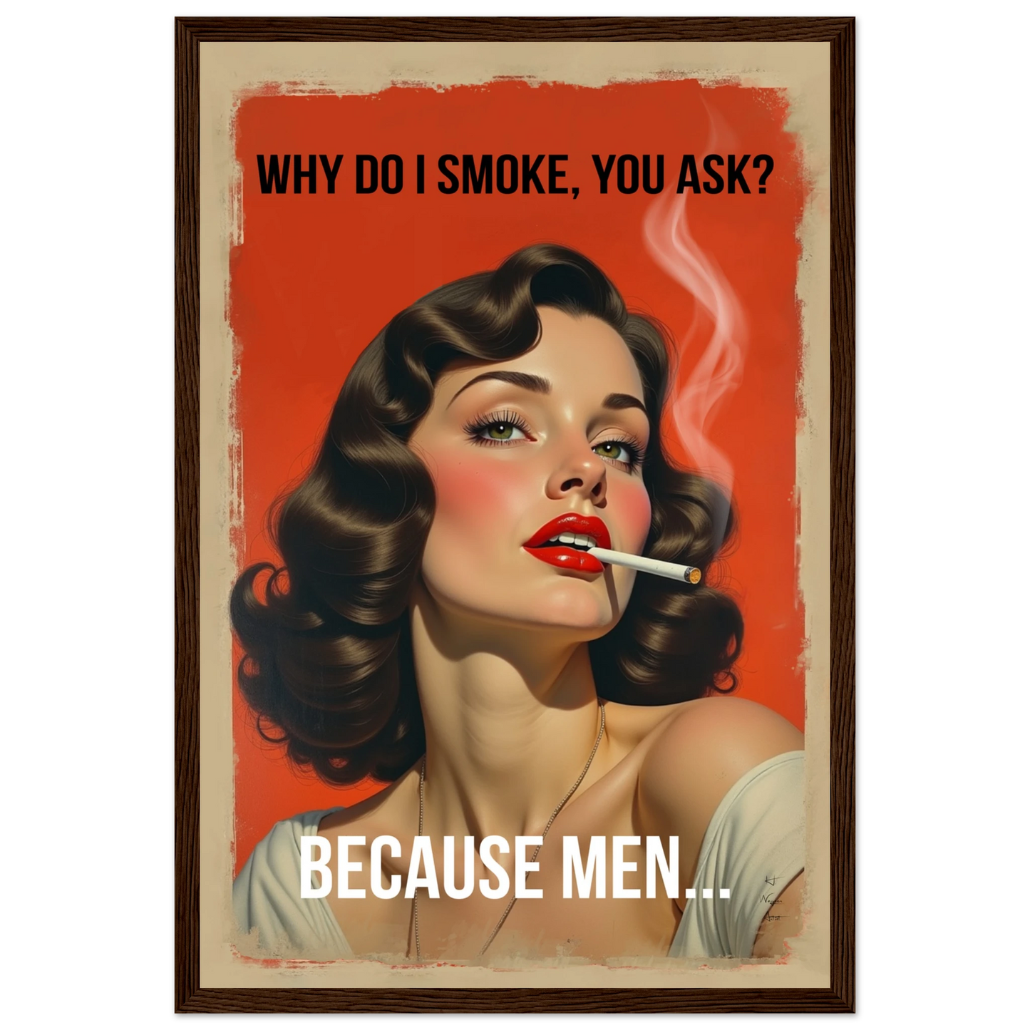 Retro Smoking Pin-Up Girl Art Print Dark Brown Wood Frame 30x45 cm 12x18″ Premium Matte Paper Wooden Framed Poster