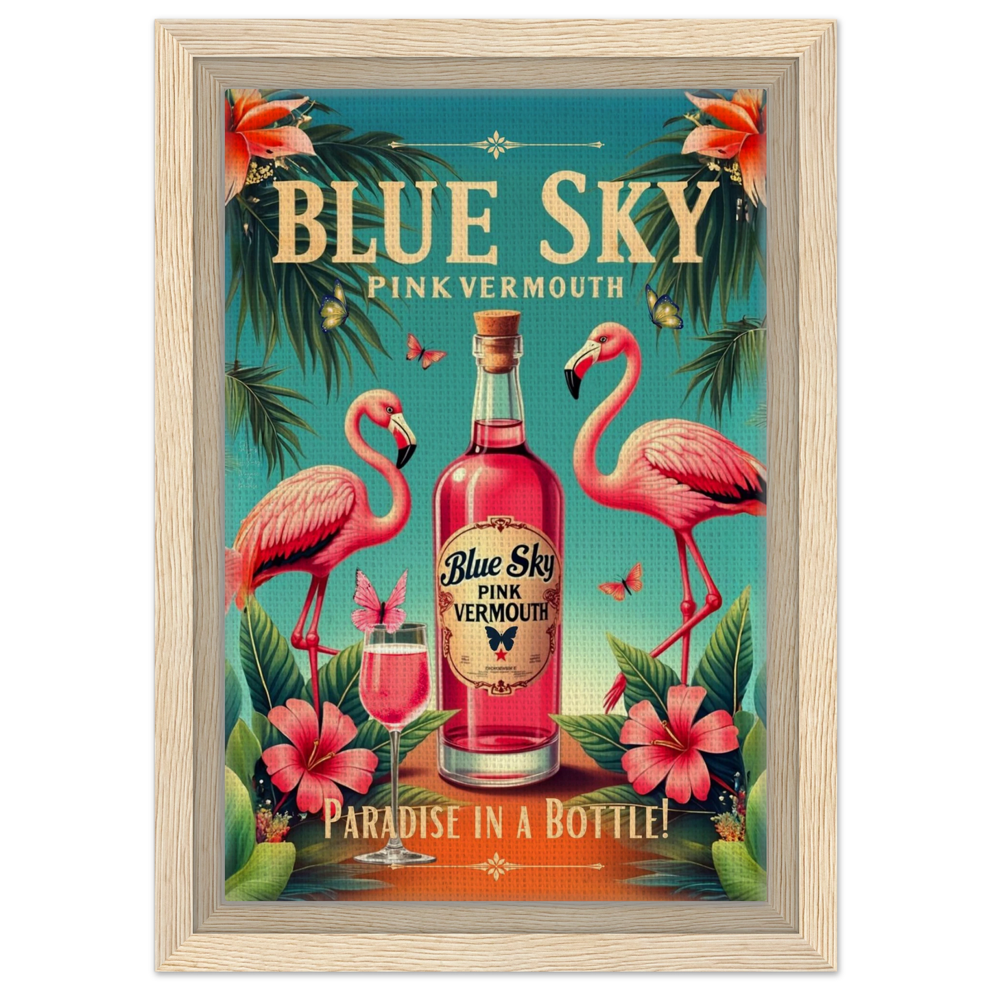 Vintage Pink Flamingo Tiki Bar Art Print 20x30 cm 8x12″ Framed Canvas Light Wood Frame