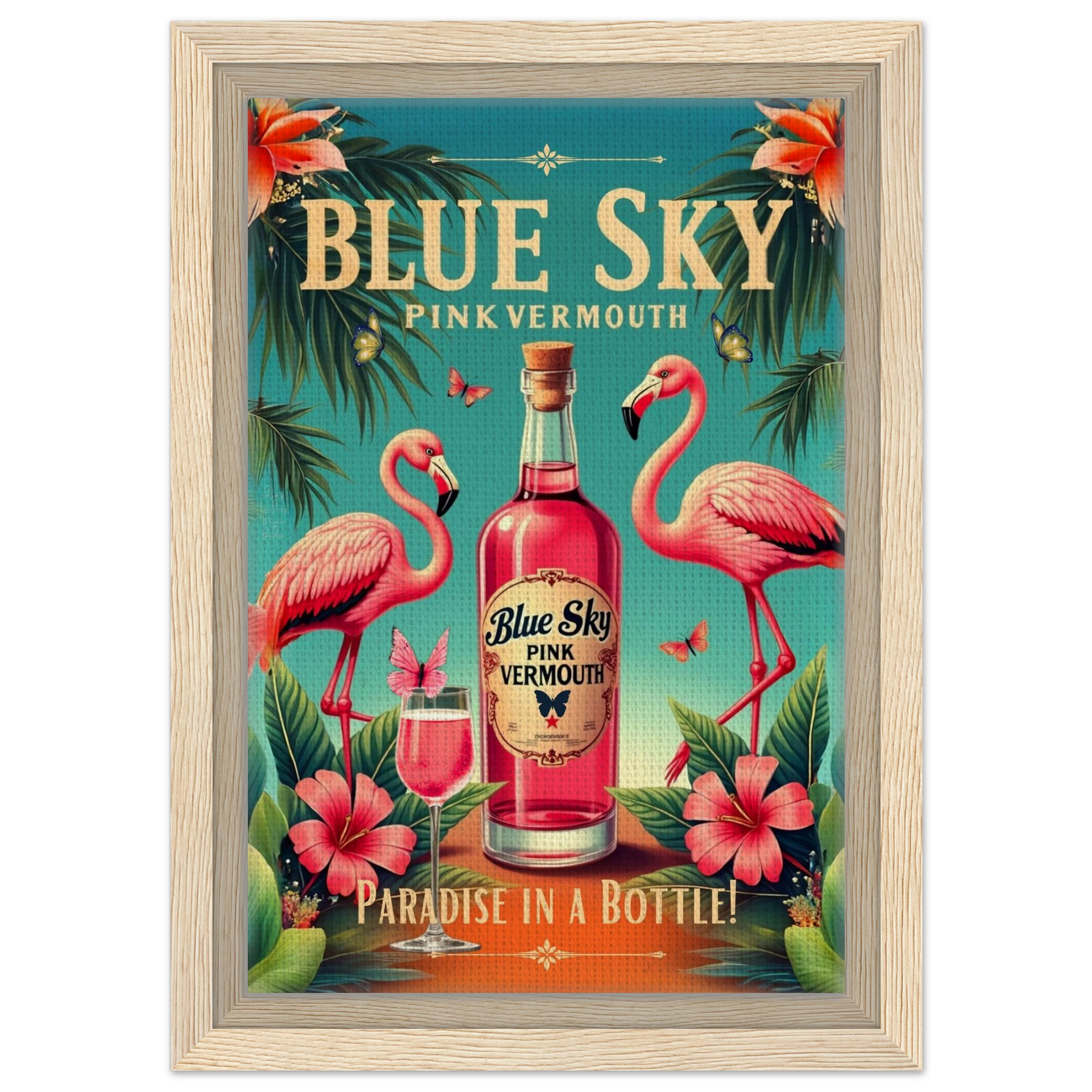 Vintage Pink Flamingo Tiki Bar Art Print 20x30 cm 8x12″ Framed Canvas Light Wood Frame
