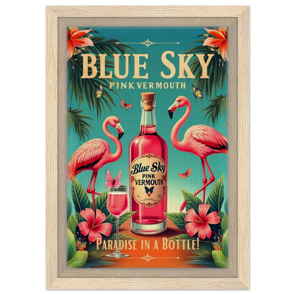 Vintage Pink Flamingo Tiki Bar Art Print 20x30 cm 8x12″ Framed Canvas Light Wood Frame