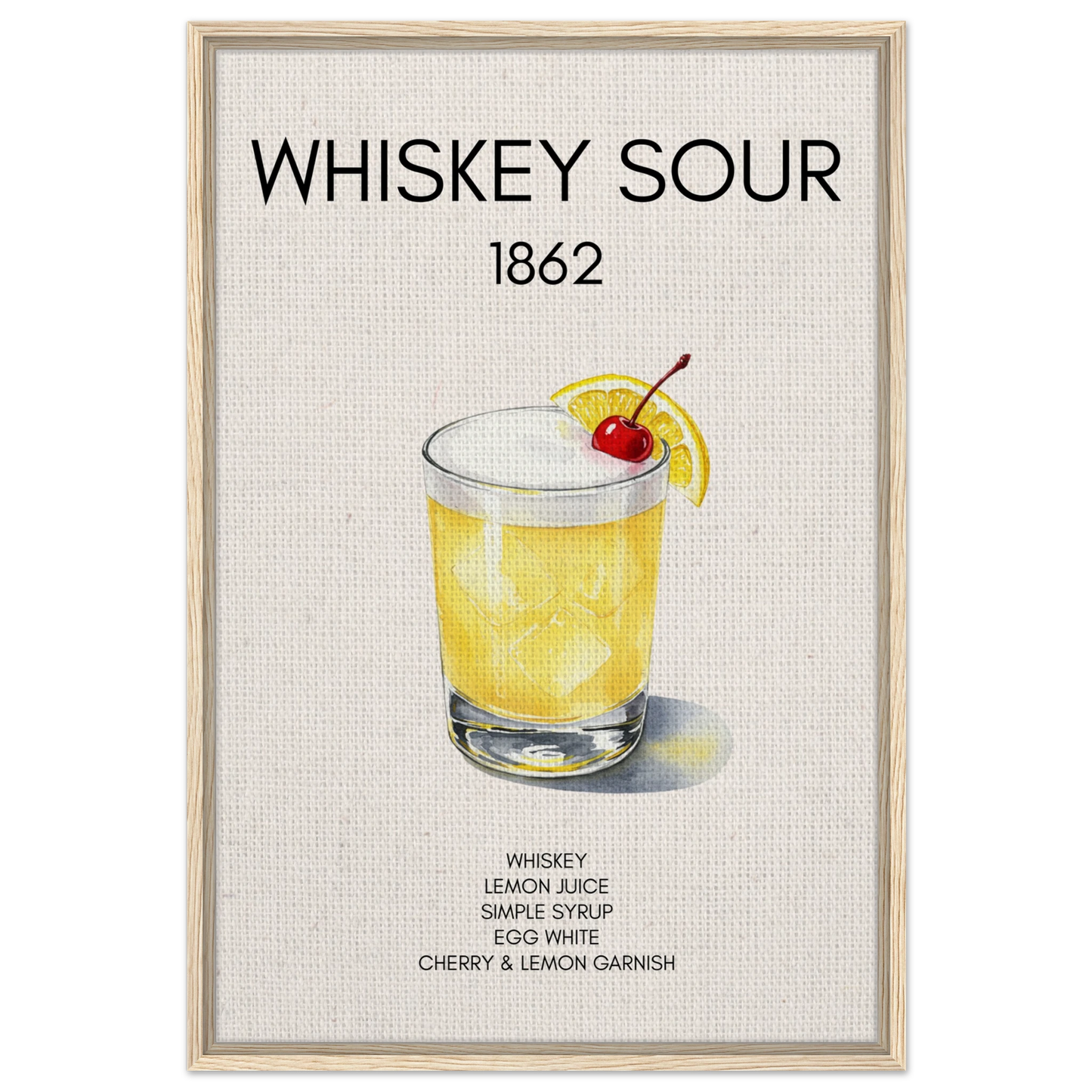 Whiskey Sour Cocktail Bar Poster Print Light Wood Frame 60x90 cm 24x36″ Framed Canvas