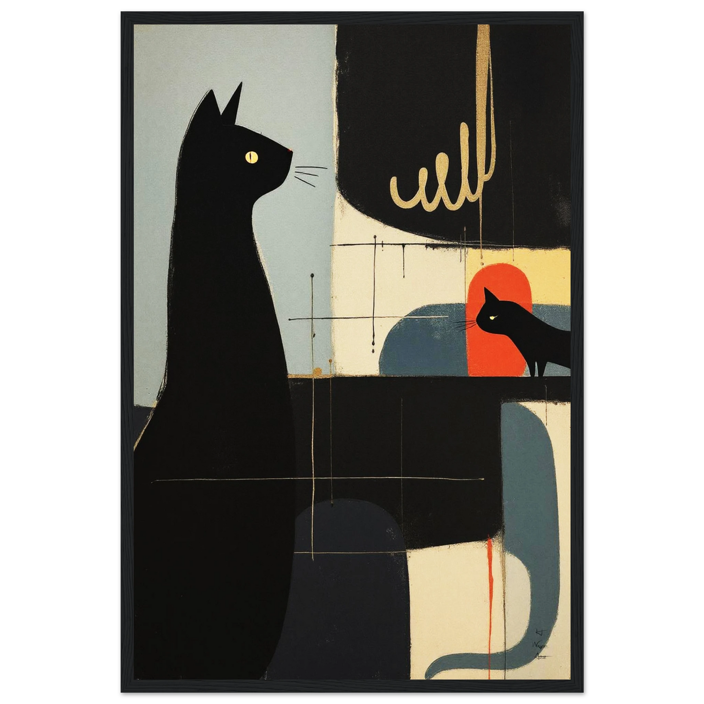 Abstract Cat & Kitten Modern Art Print Black Wood Frame 40x60 cm 16x24″ Premium Matte Framed Poster