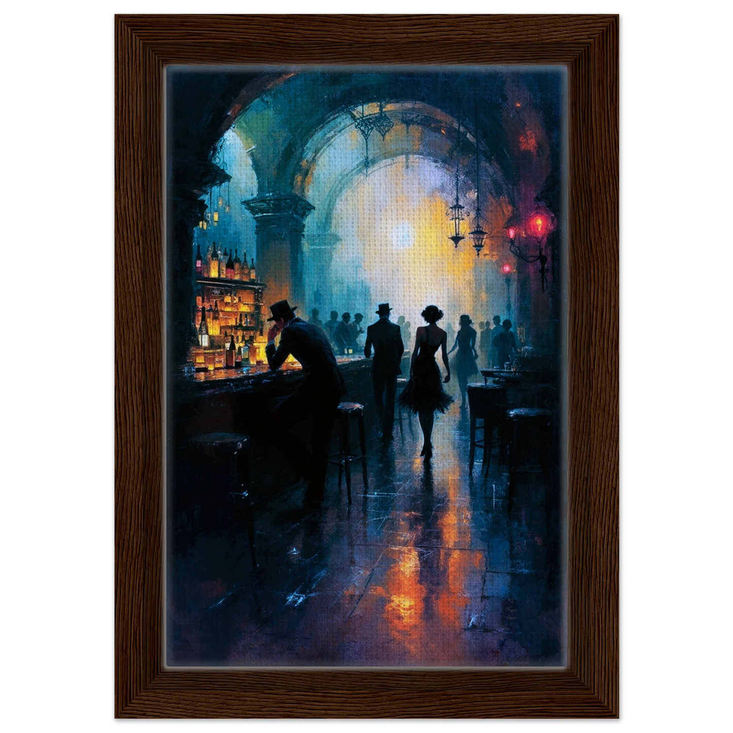 Dance Hall Speakeasy Art Print 20x30 cm 8x12″ Framed Canvas Dark Brown Wood Frame