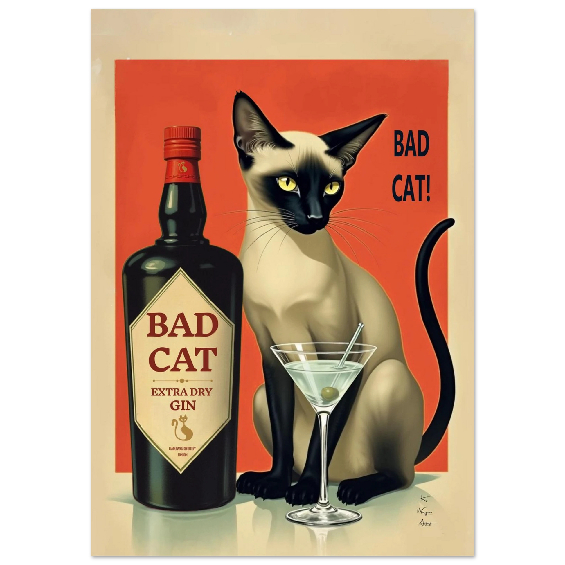 Siamese Cat Gin Martini Cocktail Art Print 70x100 cm 28x40″ Classic Matte Paper Poster No Frame
