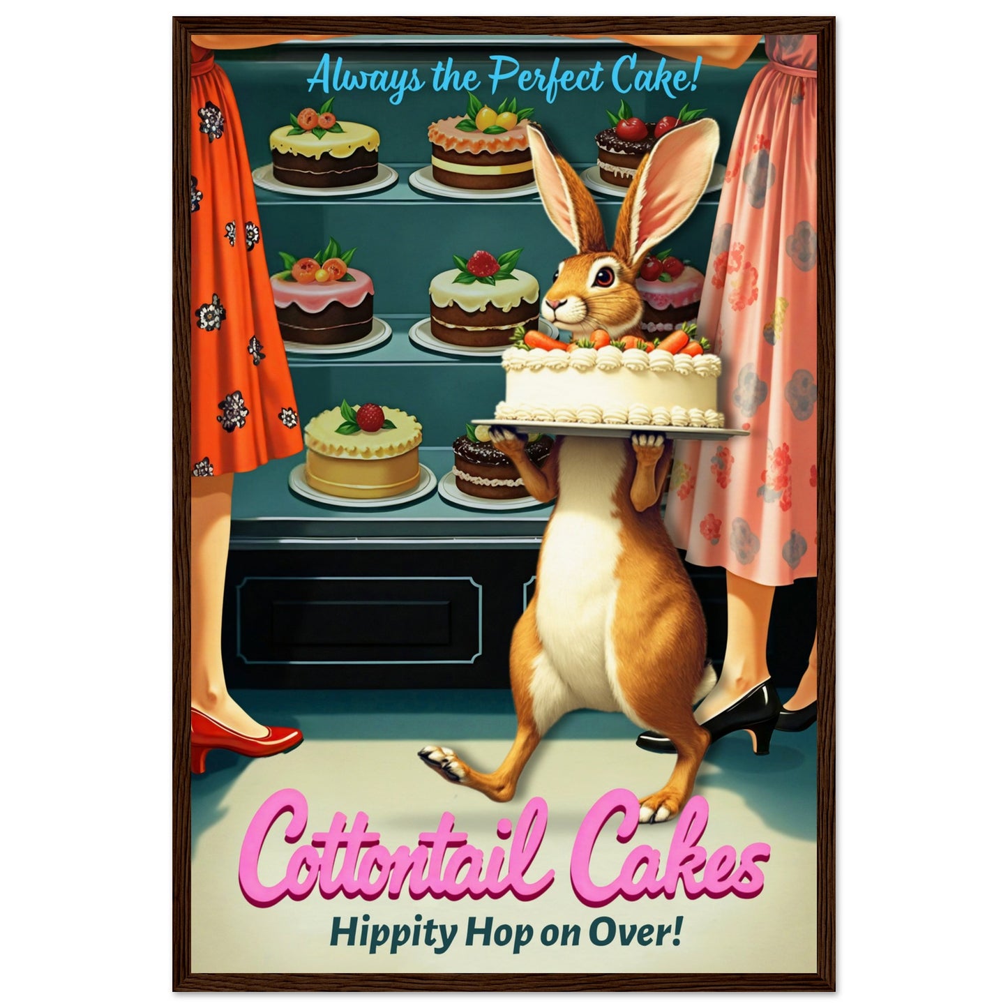 Cottontail Cakes 1950s Rabbit Art Print 40x60 cm 16x24″ Museum-Quality Matte Framed Poster - Dark Brown Wood