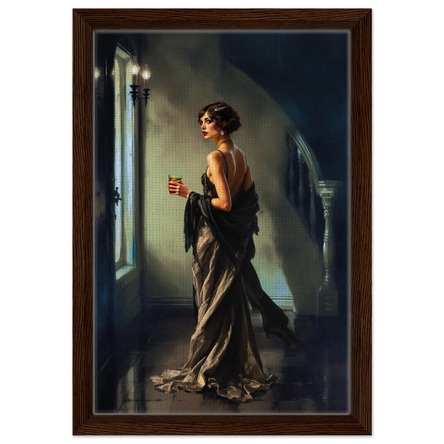 Art Deco Flapper Speakeasy Fine Art Print Dark Brown Wood Frame 30x45 cm 12x18″ Framed Canvas