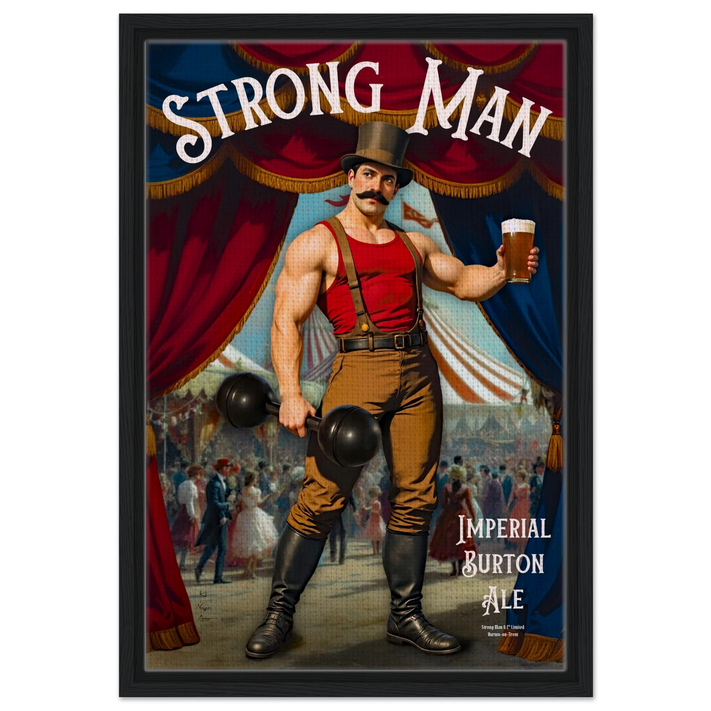 Vintage Victorian Circus Strongman Ale Art Print Black Wood Frame 40x60 cm 16x24″ Framed Canvas