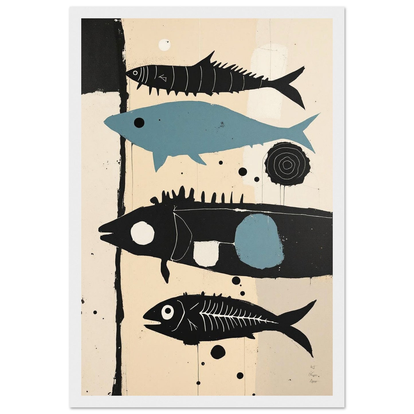 Mid-Century Modern Fish Art Poster Print – Framed Abstract Neutral Wall Decor Black Wood Frame 40x60 cm 16x24″ Framed Canvas