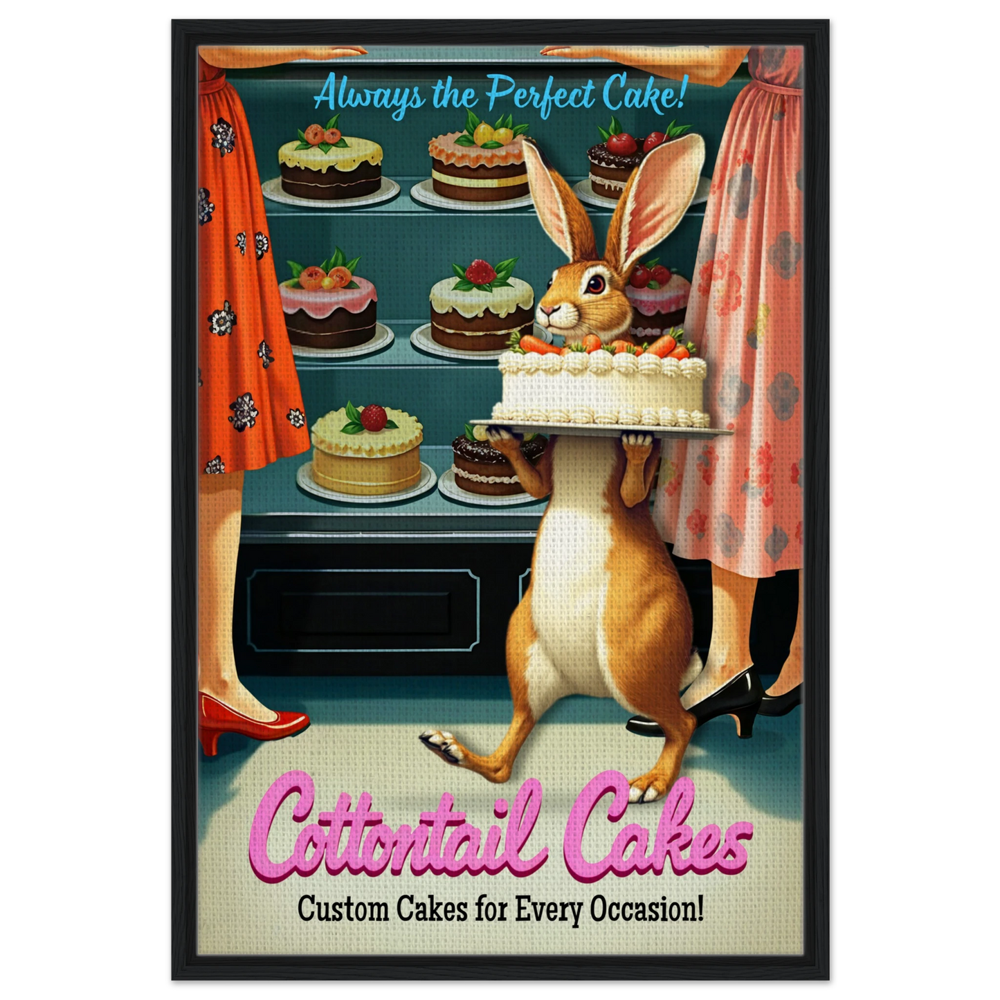 Cottontail Rabbit Bakery 1950s Kitchen Print Black Wood frame 60x90 cm 24x36″ Framed Canvas
