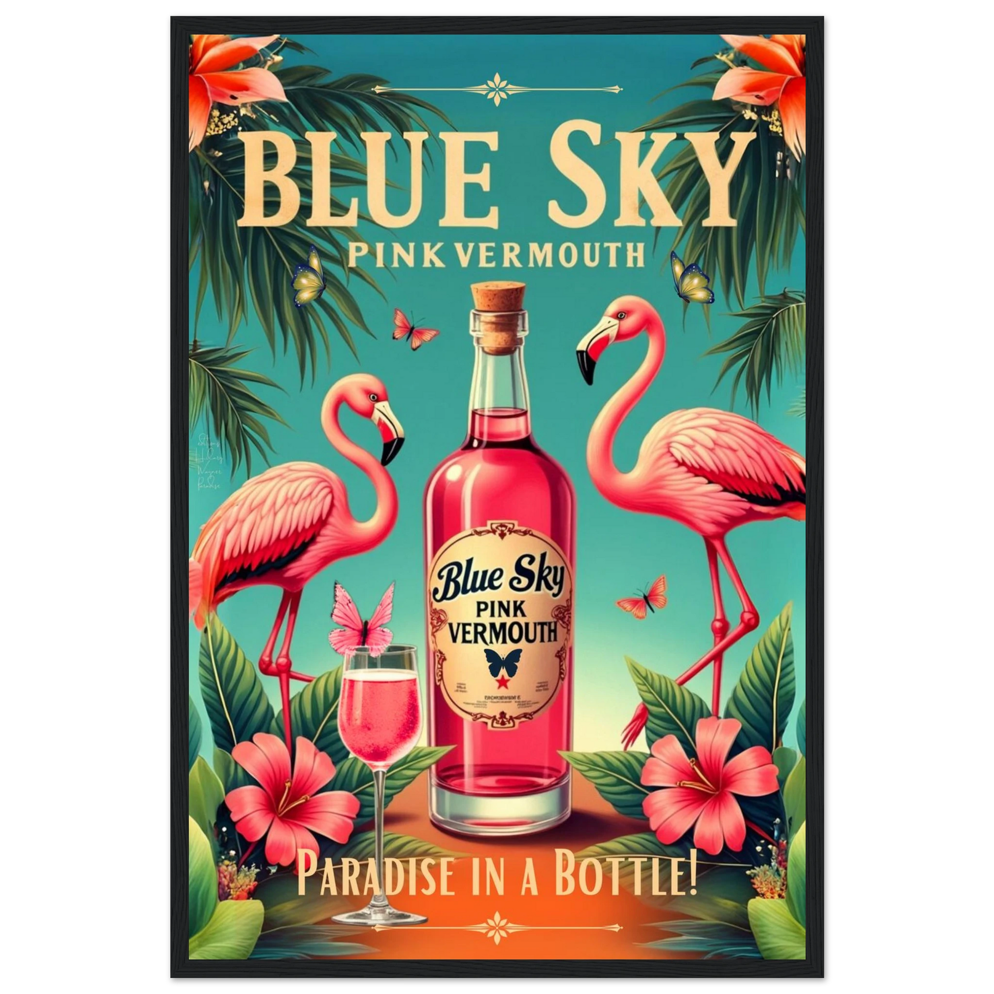 Vintage Pink Flamingo Tiki Bar Art Print 40x60 cm 16x24″ Premium Matte Paper Wooden Framed Poster Black Wood Frame
