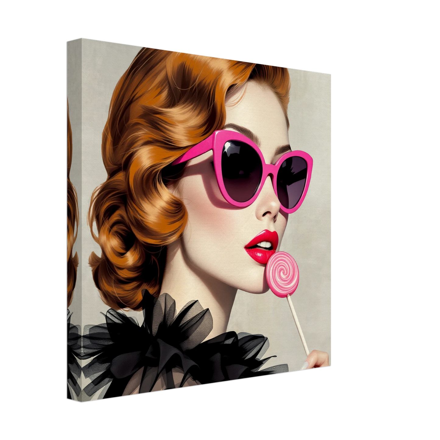 Retro Glam Fashion Model Lollipop Art Print Gallery Wrapped Canvas 40x40 cm 16x16″