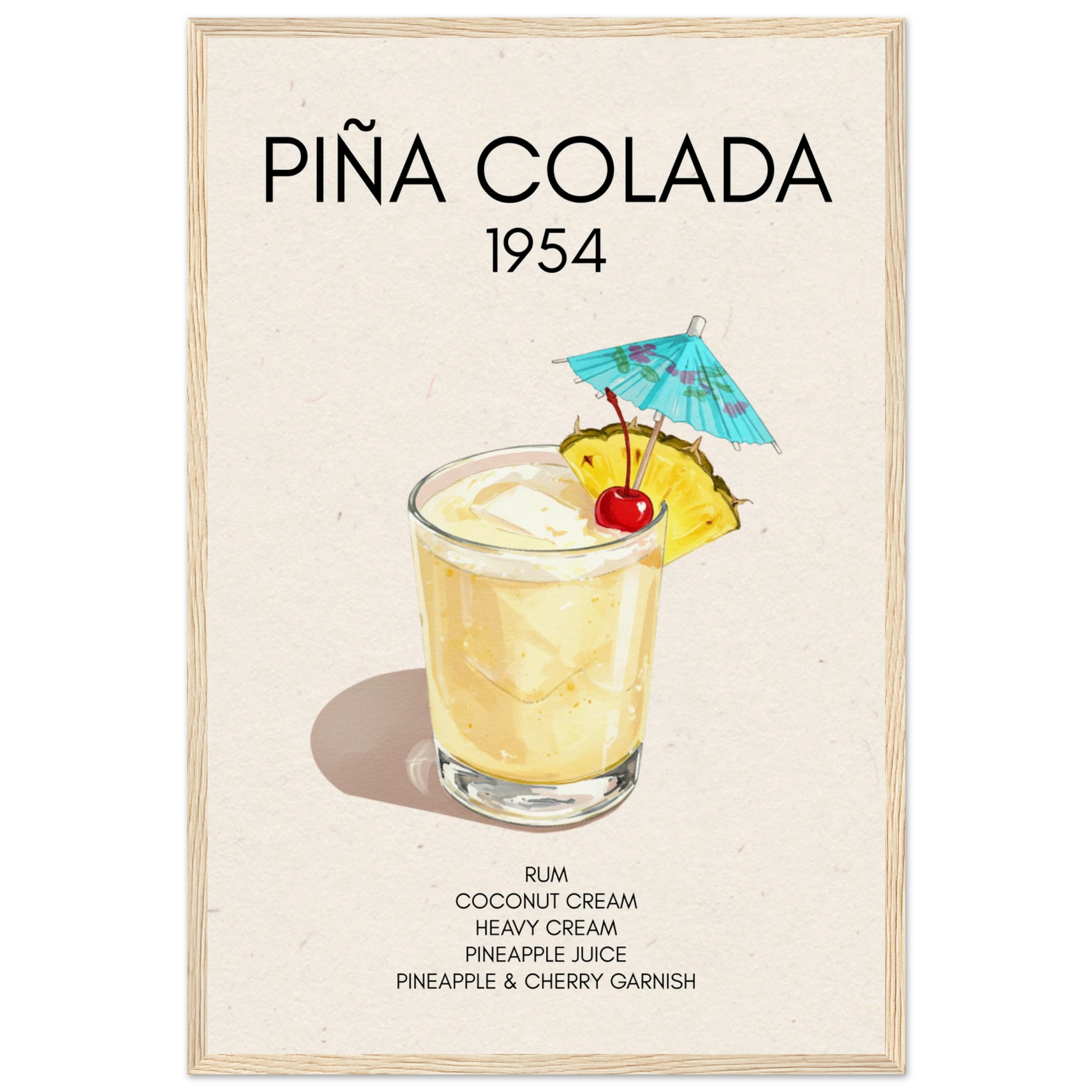Pina Colada Cocktail Bar Poster Print Light Wood Frame 40x60 cm 16x24″ Museum-Quality Matte Paper Wooden Framed Poster