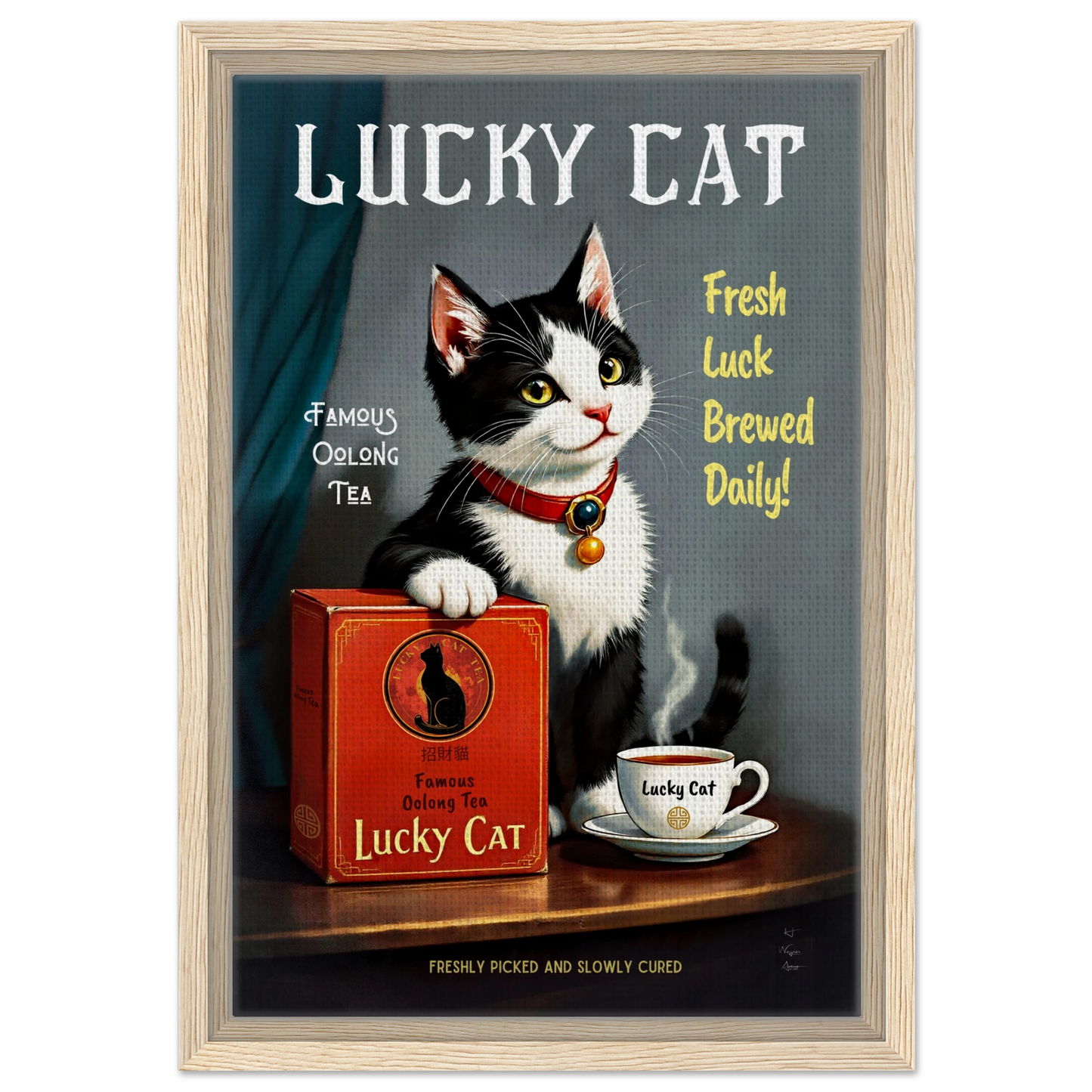 Lucky Tuxedo Cat Tea Kitchen Art Print 30x45 cm 12x18″ Framed Canvas Light Wood Frame