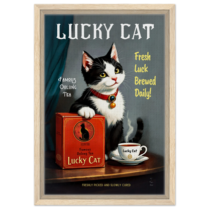 Lucky Tuxedo Cat Tea Kitchen Art Print 30x45 cm 12x18″ Framed Canvas Light Wood Frame