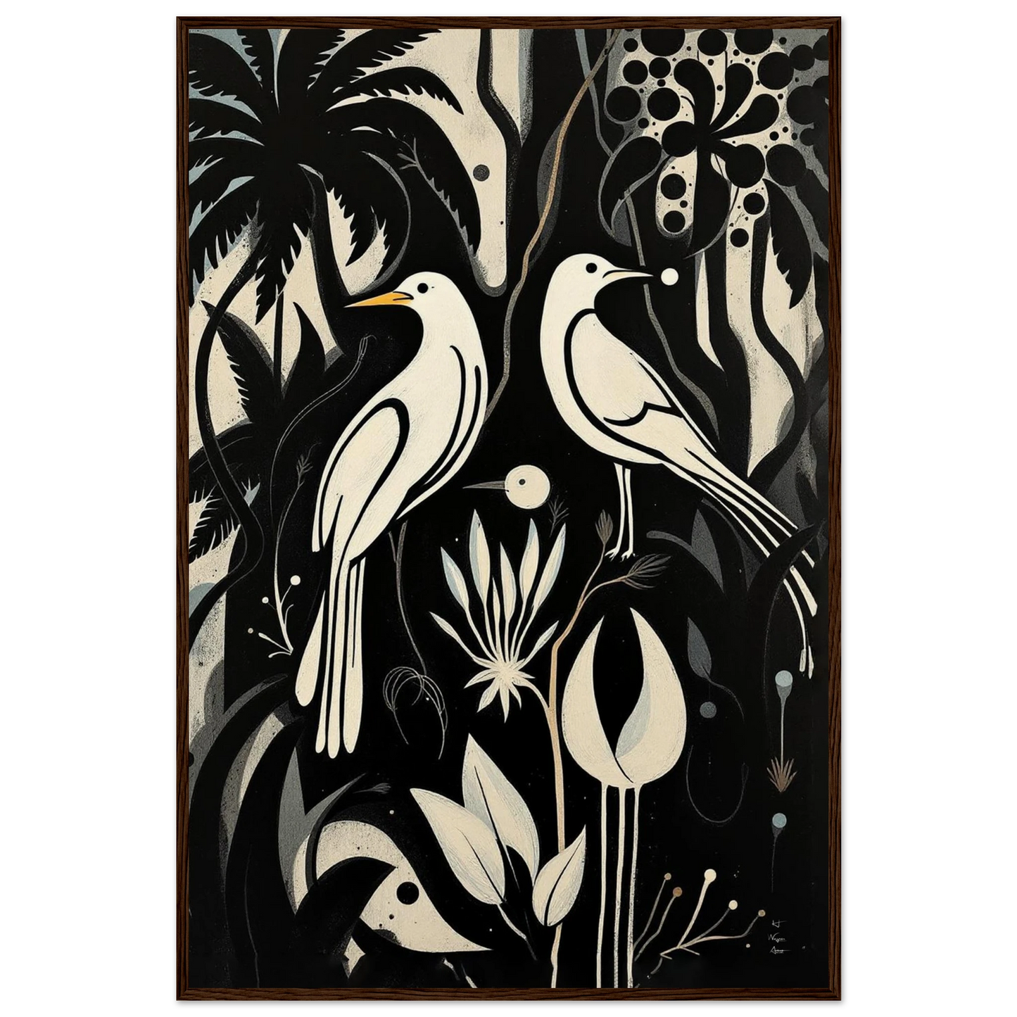 Black & White Minimalist Bird Art Print Dark Brown Wood Frame 60x90 cm 24x36″ Museum-Quality Matte Paper Wooden Framed Poster