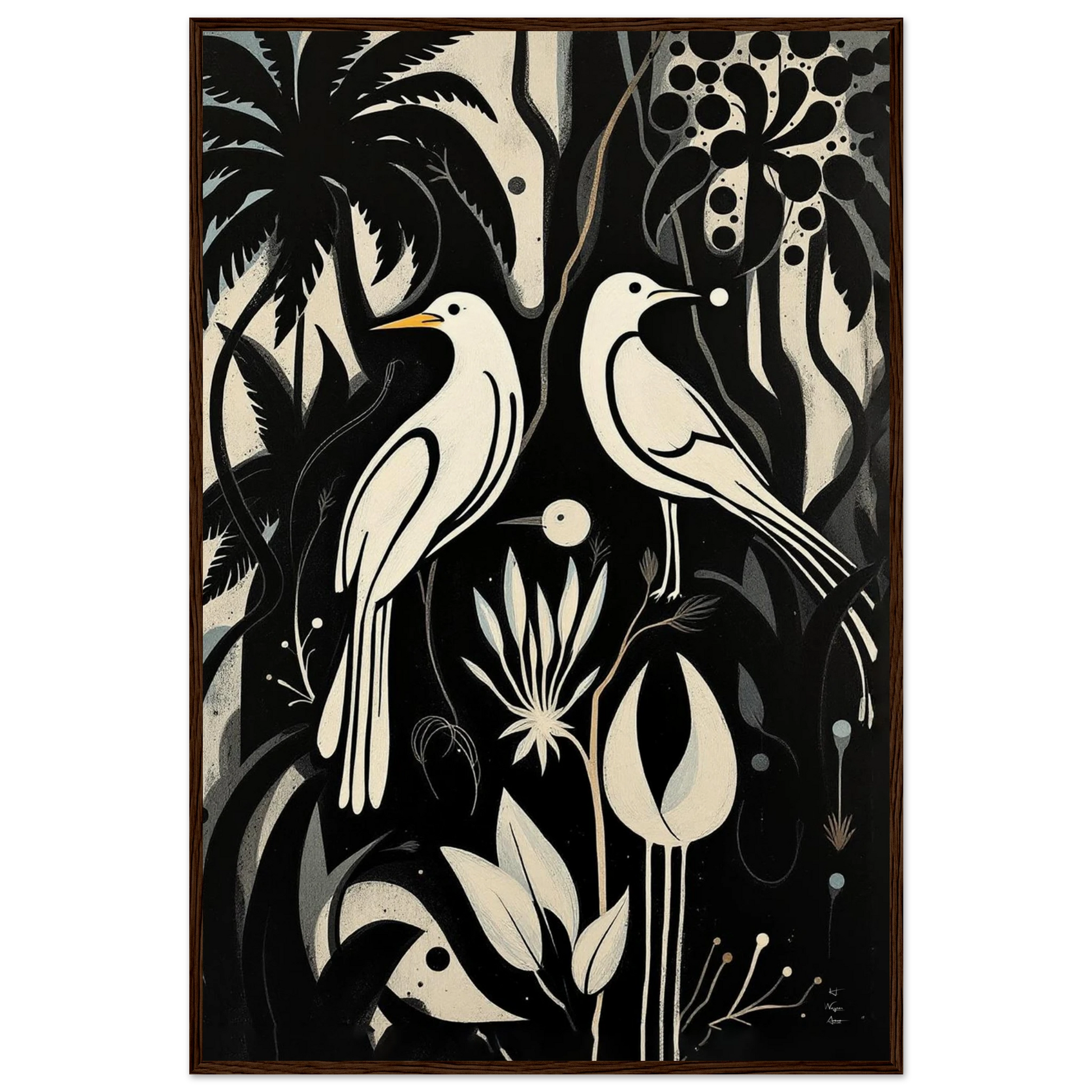Black & White Minimalist Bird Art Print Dark Brown Wood Frame 60x90 cm 24x36″ Museum-Quality Matte Paper Wooden Framed Poster