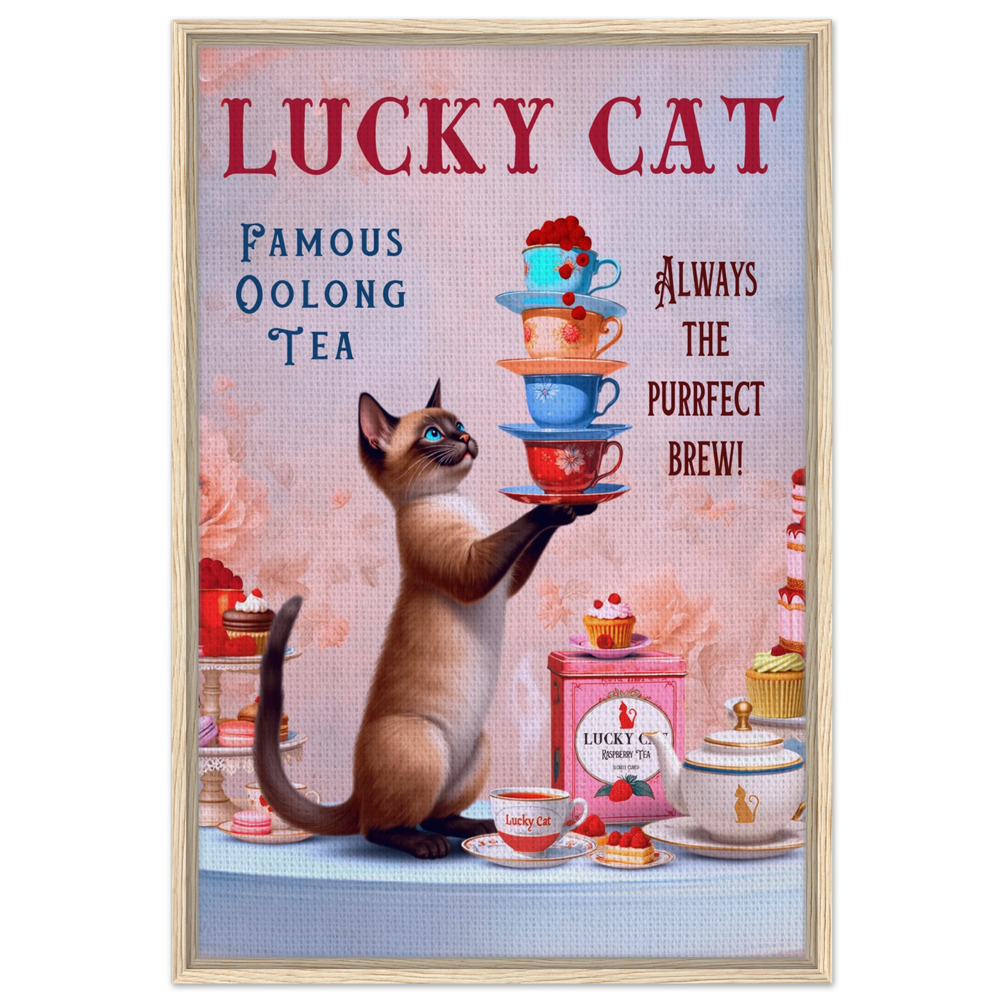 Siamese Lucky Cat Vintage Tea Art Print 60x90 cm 24x36″ Framed Canvas Light Wood Frame