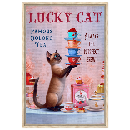 Siamese Lucky Cat Vintage Tea Art Print 60x90 cm 24x36″ Framed Canvas Light Wood Frame