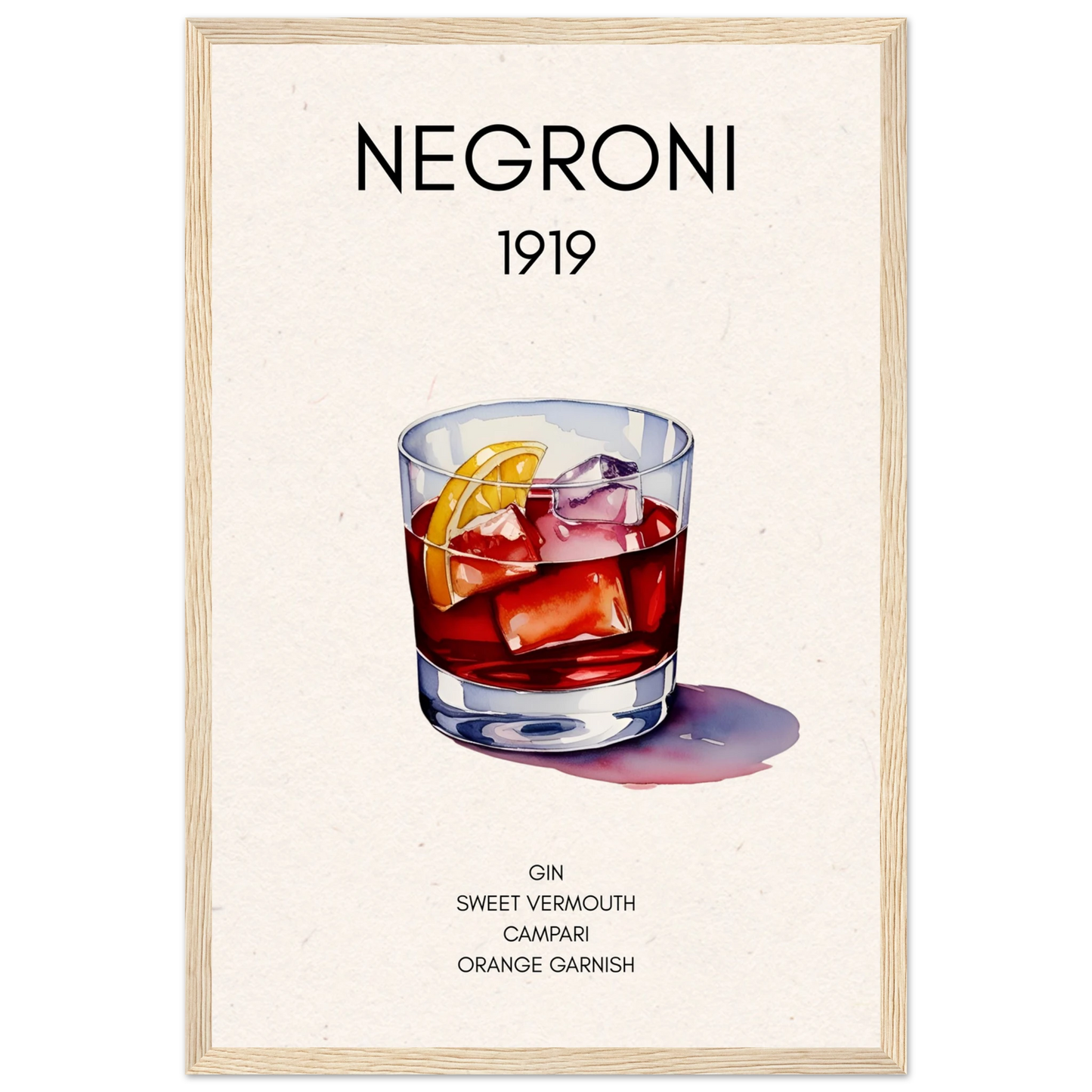 Negroni Cocktail Bar Poster Print Light Wood Frame 30x45 cm 12x18″ Classic Matte Paper Wooden Framed Poster