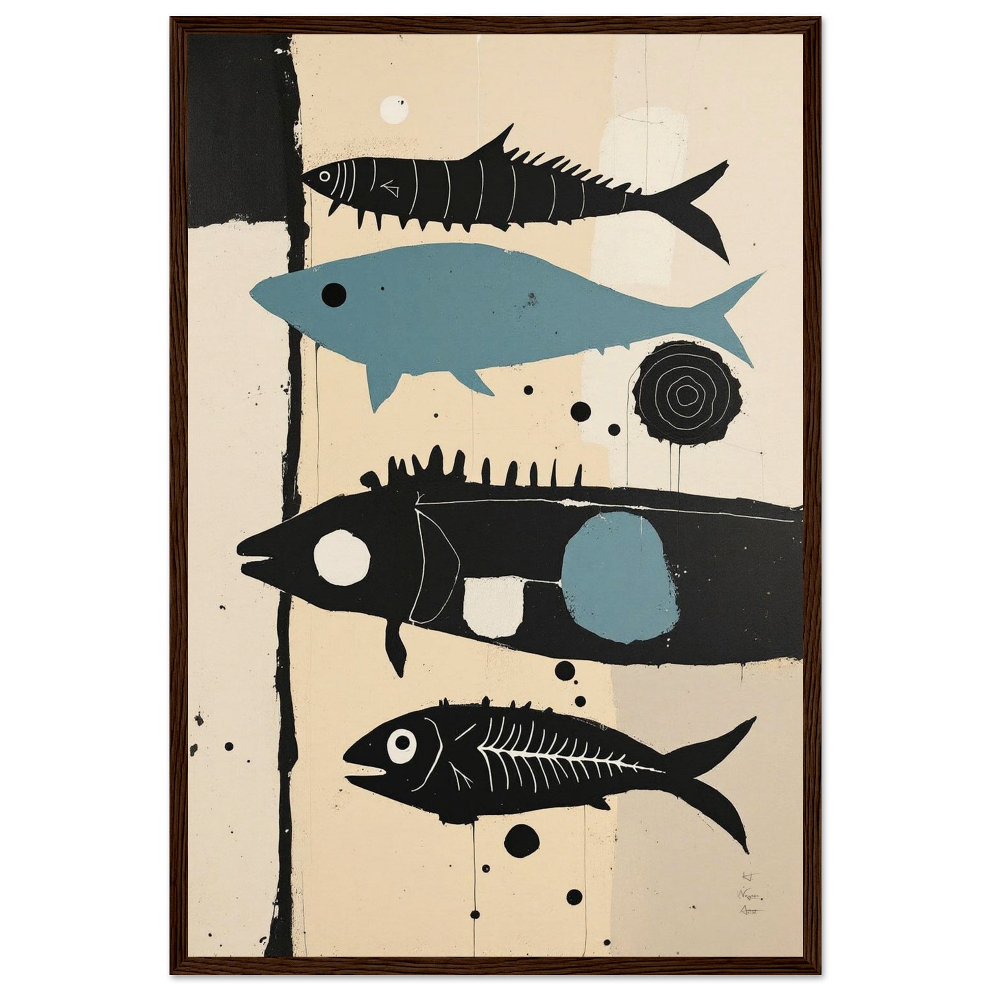 Mid-Century Modern Fish Art Poster Print – Framed Abstract Neutral Wall Decor Dark Brown Wood Frame 40x60 cm 16x24″ Museum-Quality Matte Wooden Framed Poster