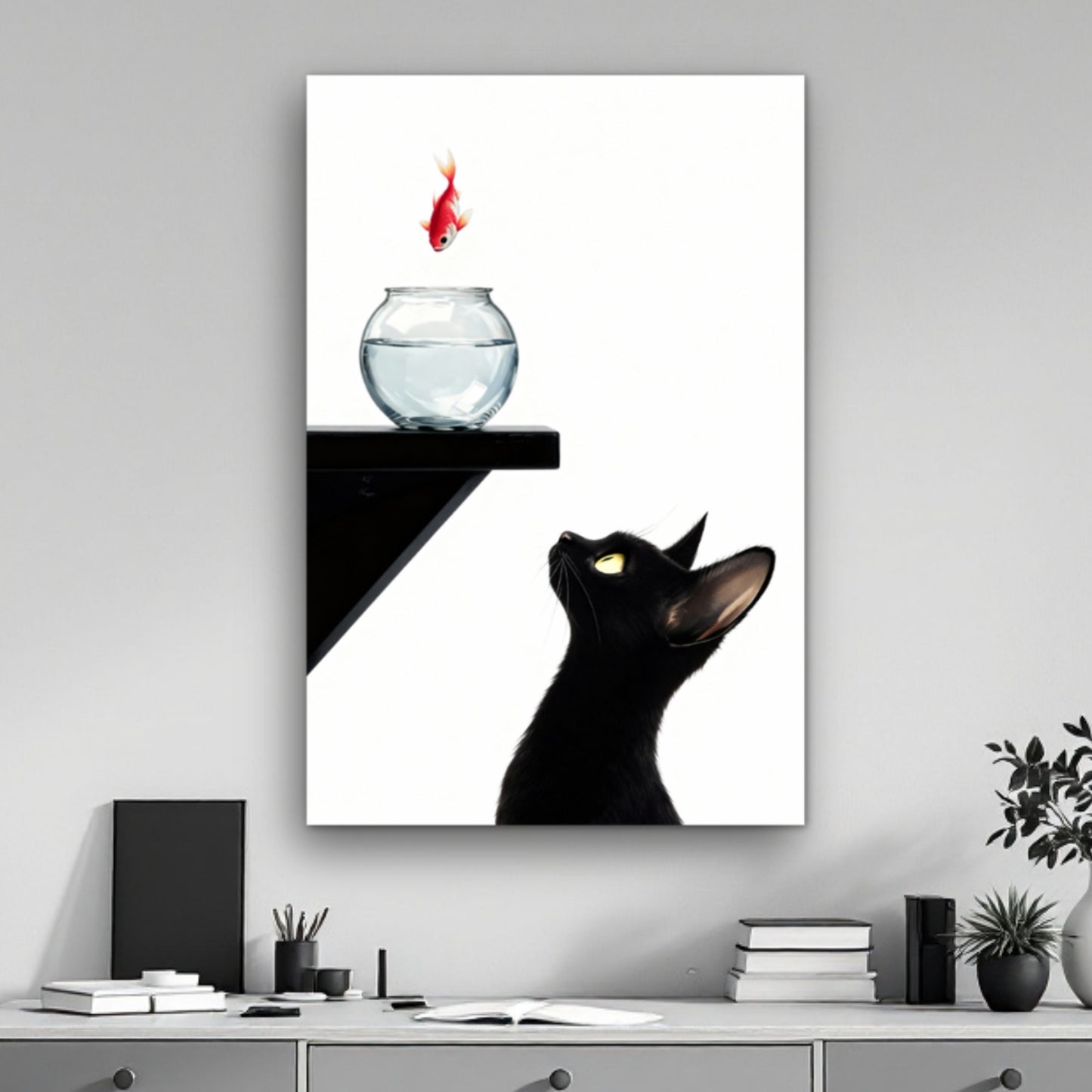 Curious Black Cat Goldfish Minimalist Art Print