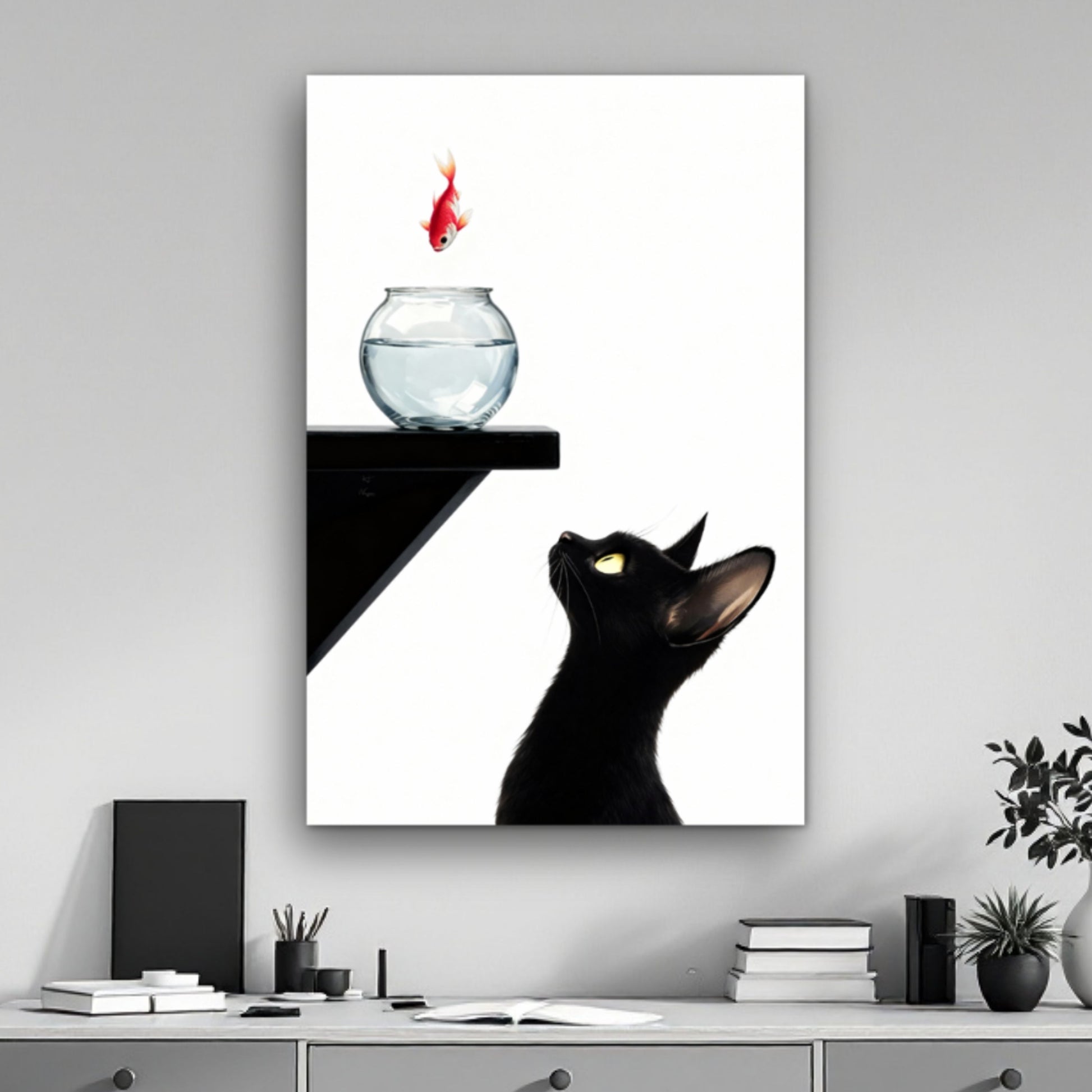 Curious Black Cat Goldfish Minimalist Art Print