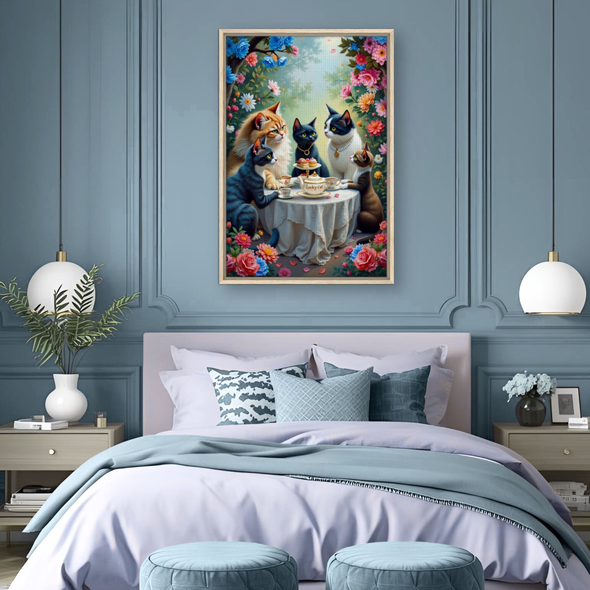 Lucky Cat Tea Party Botanical Art Print