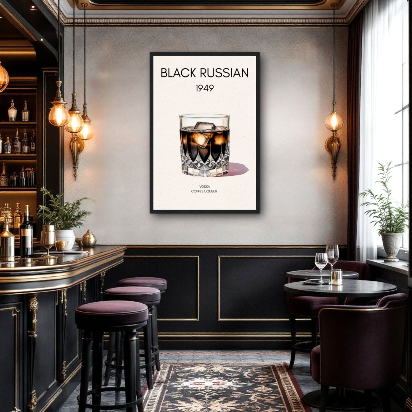 Black Russian Cocktail Bar Art Poster Print Light Wood Frame 60x90 cm 24x36″ Framed Canvas