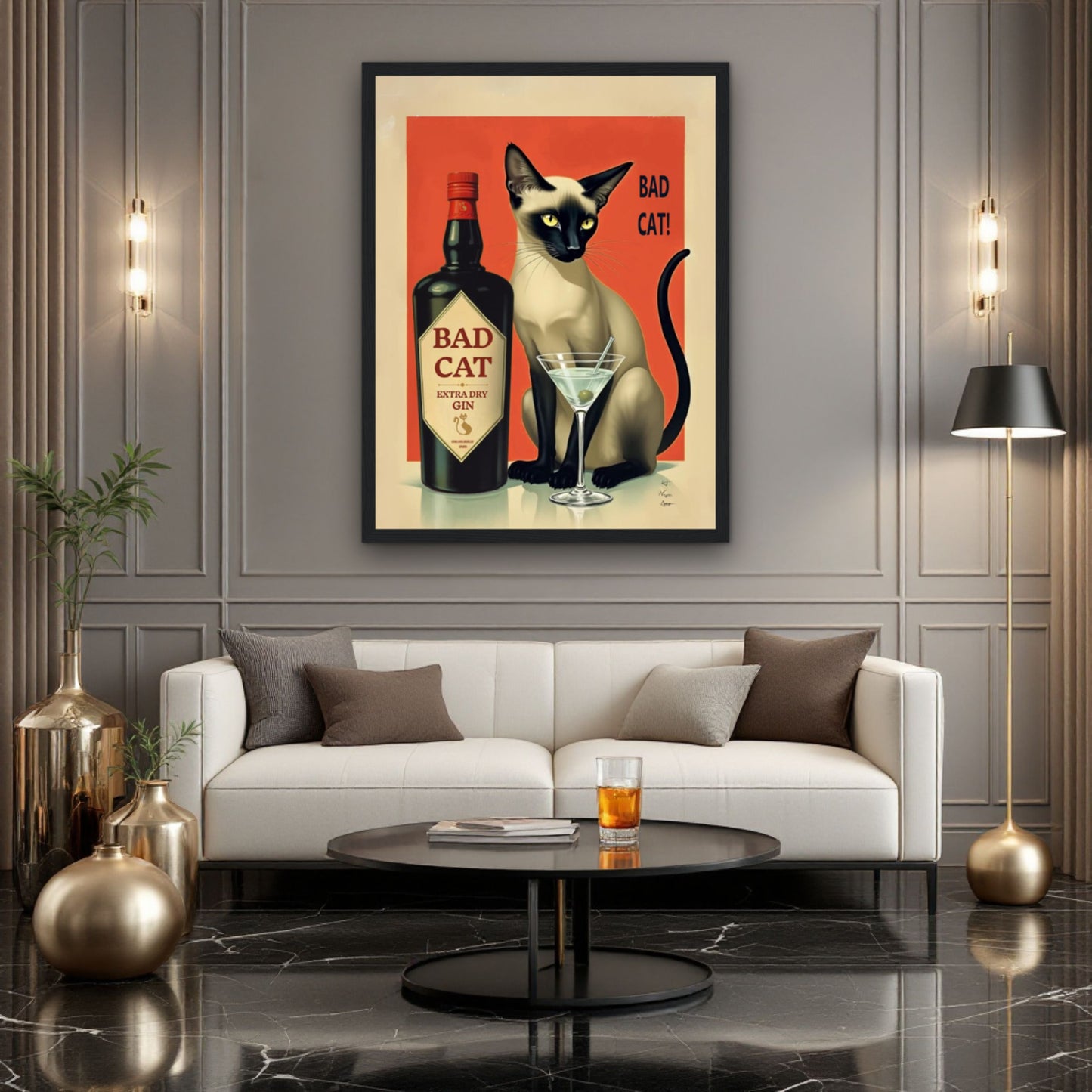 Siamese Cat Gin Martini Cocktail Art Print