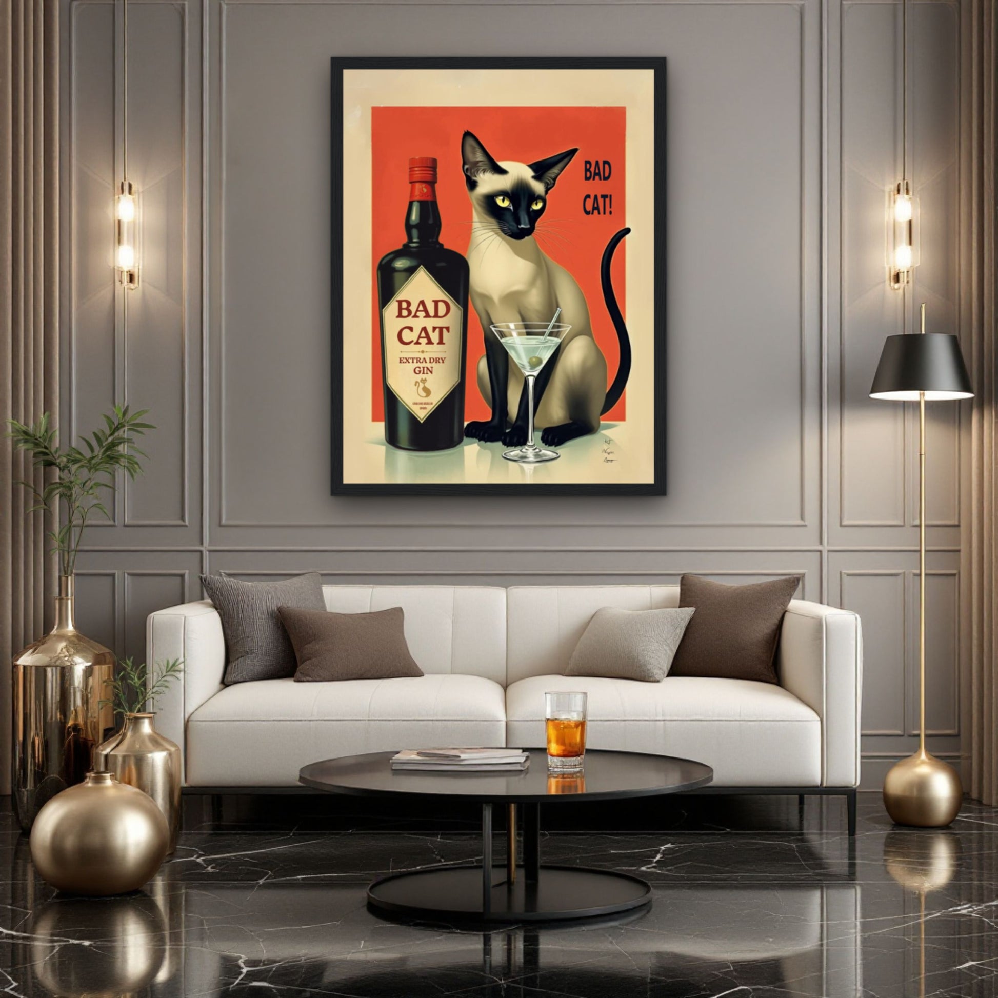 Siamese Cat Gin Martini Cocktail Art Print