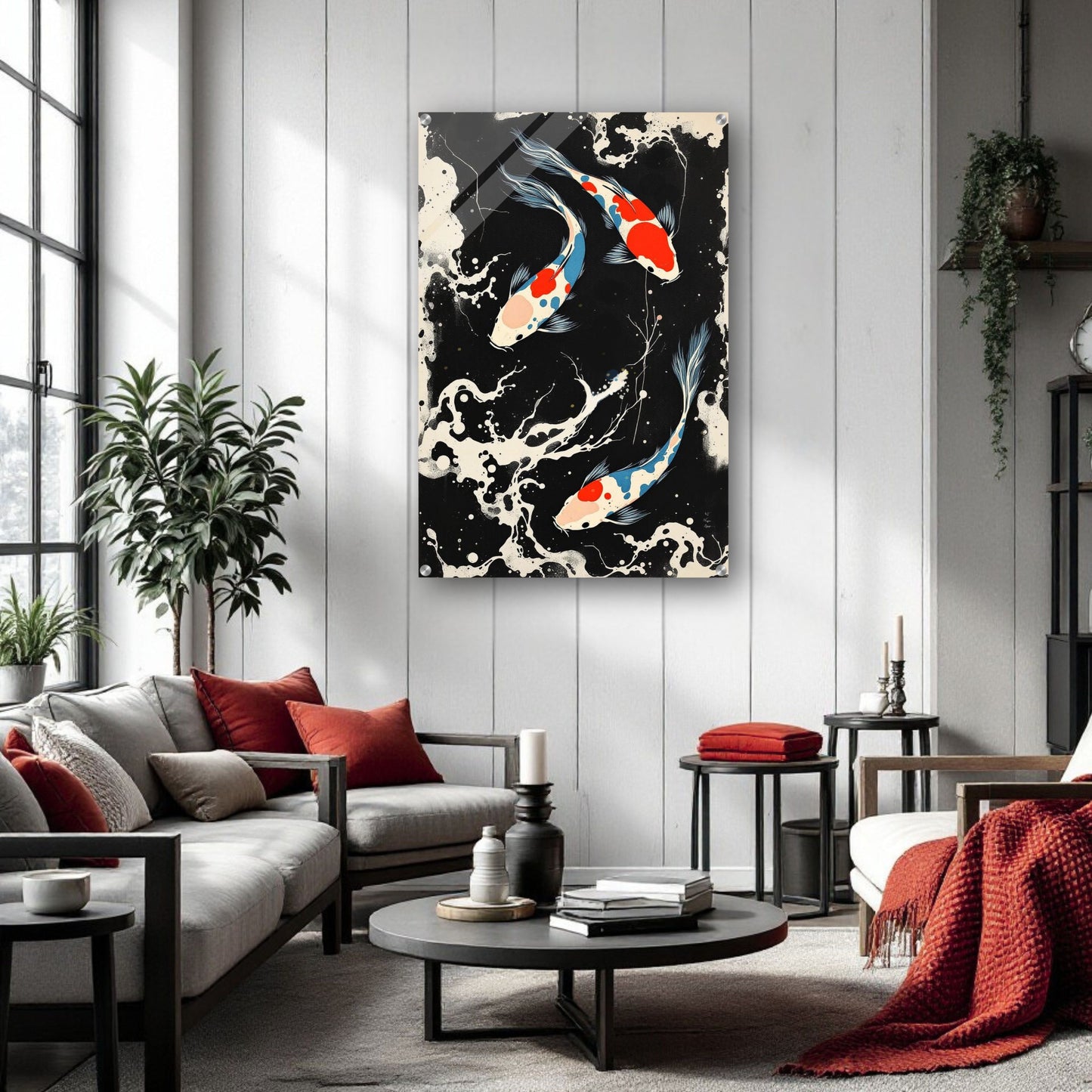 Mid-Century Modern Koi Fish Art Poster Print – Framed Abstract Black White Wall Décor