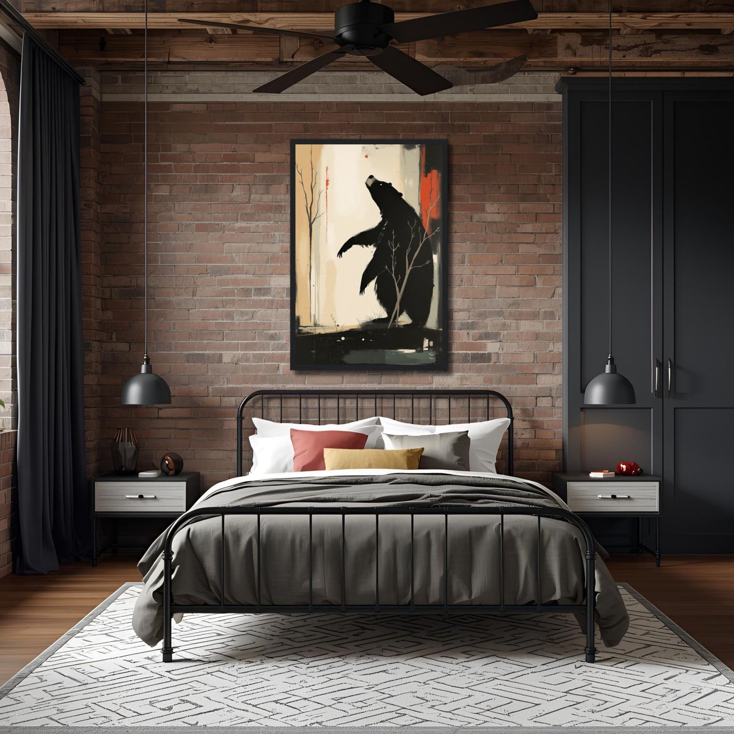 Abstract Bear Wildlife Art Print 20x30 cm 8x12″ Framed Canvas Light Wood Frame