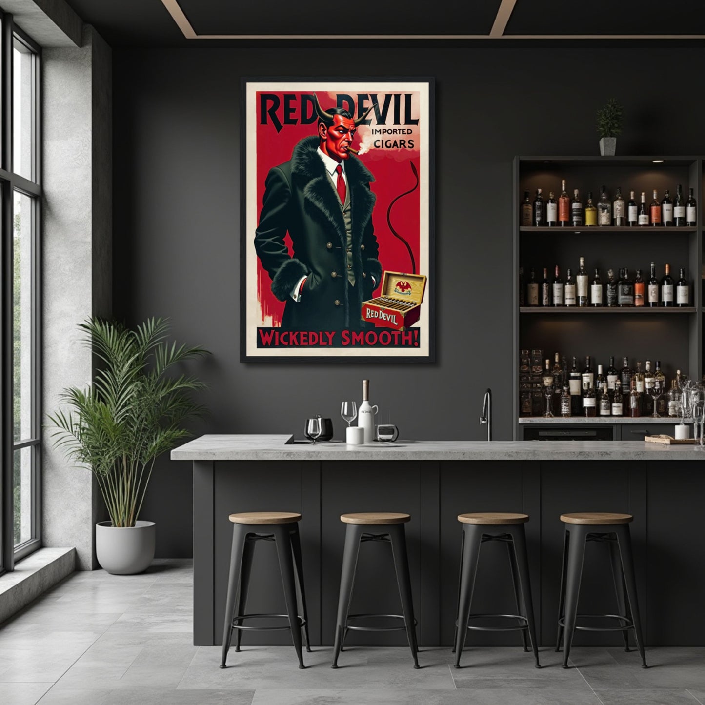 Red Devil Art Deco Cigar Art Print 70x100 cm 28x40″ Museum-Quality Matte Paper Wooden Framed Poster Dark Brown Wood Frame