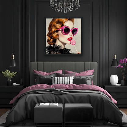 Retro Glam Fashion Model Lollipop Art Print Gallery Wrapped Canvas 30x30 cm 12x12″