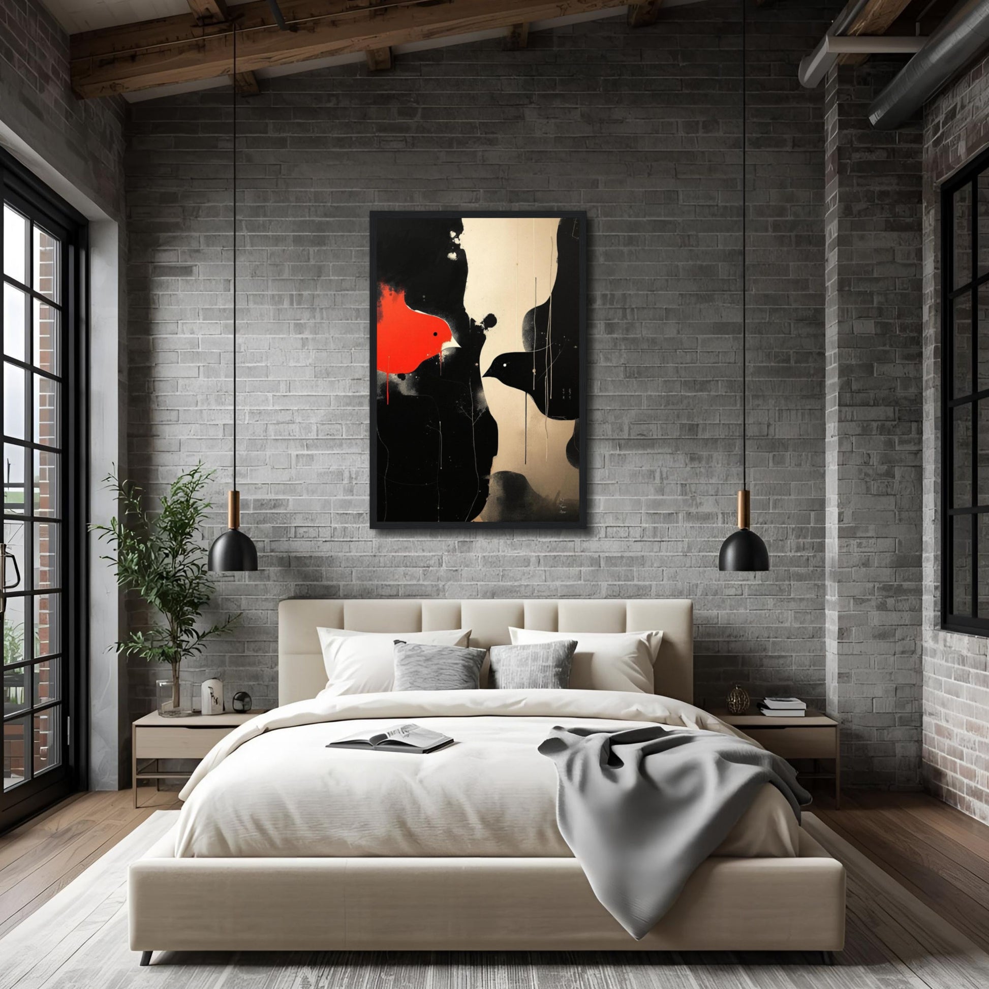 Abstract Bird Minimalist Fine Art Print 60x90 cm 24x36″ Framed Canvas Dark Brown Wood Frame