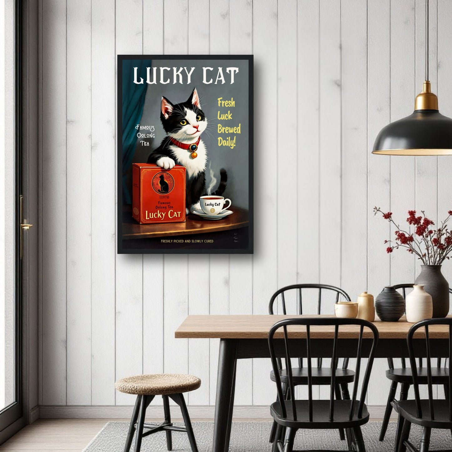Lucky Tuxedo Cat Tea Kitchen Art Print