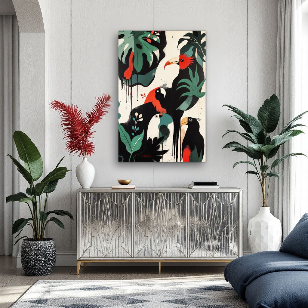 Mid-Century Modern Exotic Bird Art Poster Print - Framed Tropical Parrot Wall Décor