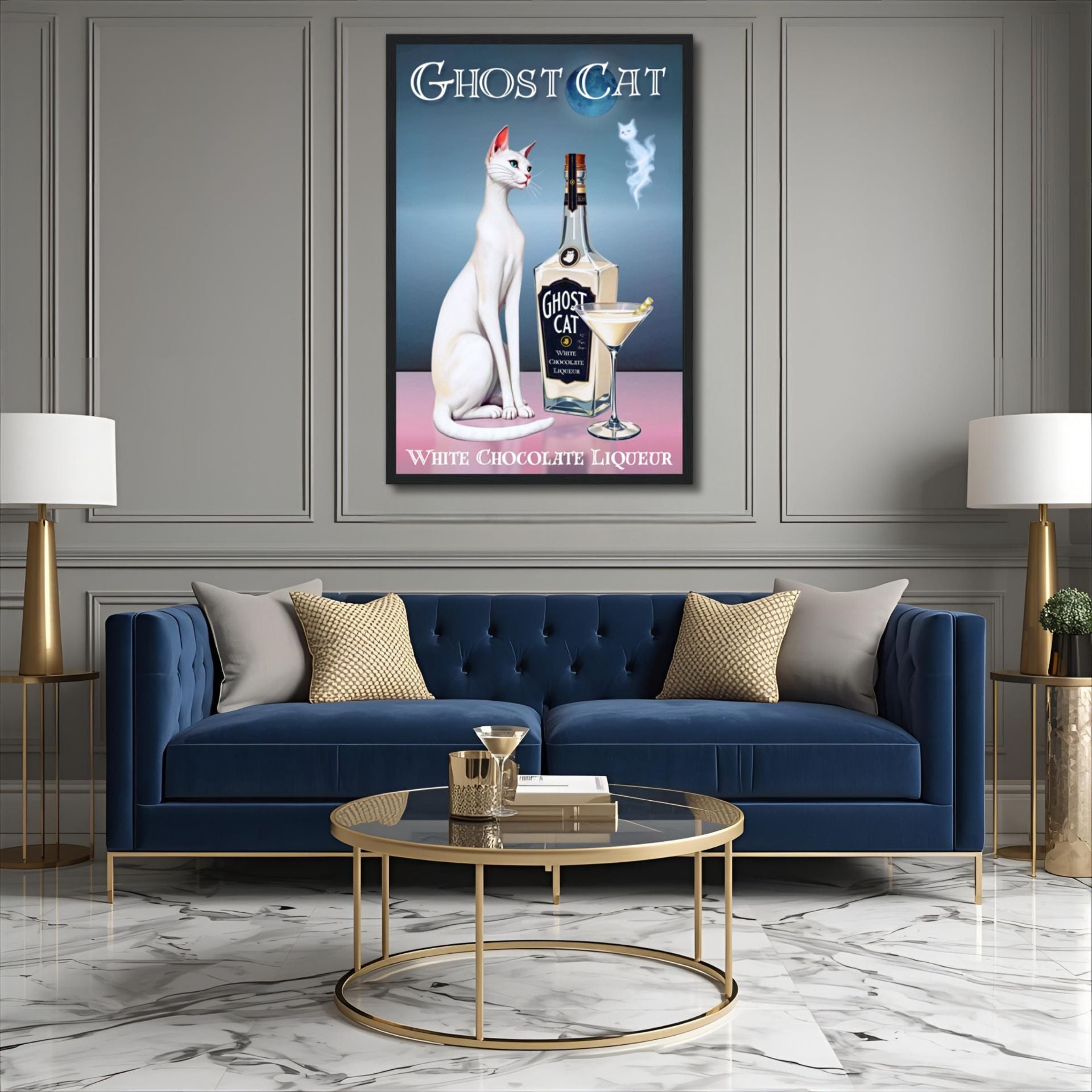White Cat Martini Cocktail Bar Art Print 60x90 cm 24x36″ Classic Matte Paper Wooden Framed Poster Black Wood frame