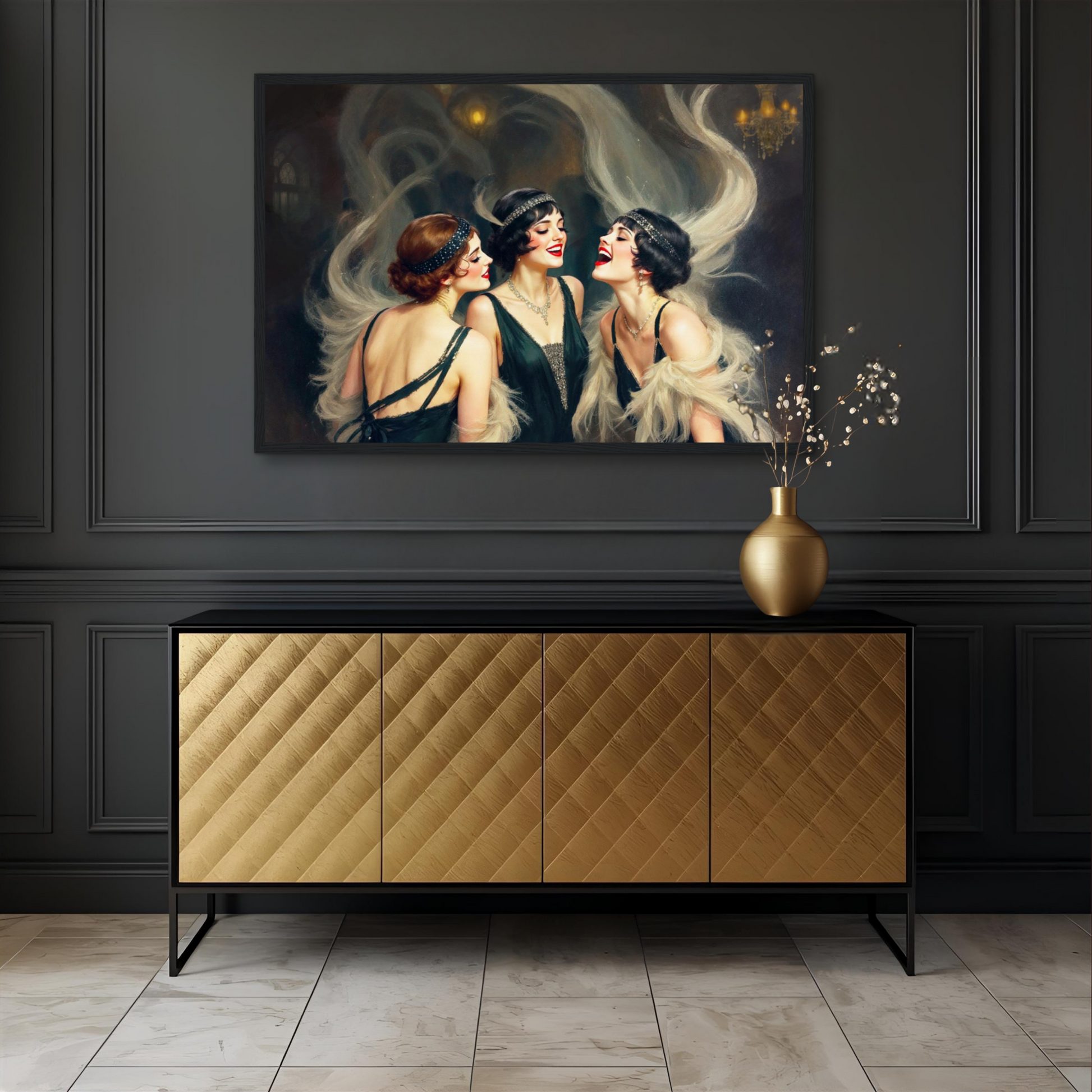 Flapper Girls Speakeasy Gatsby Art Print Dark Brown Wood Frame 60x90 cm 24x36″ Classic Matte Framed Poster