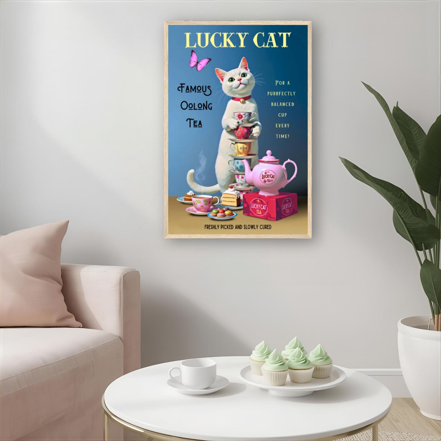 White Lucky Cat Tea Vintage Fine Art Print